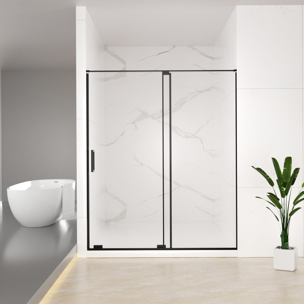56-60" W x 72" H Semi-Frameless Sliding Shower Door, 5/16"(8mm) Clear SCGG Tempered Glass, Matte Black Finish, Cut Adjustable Width 4"