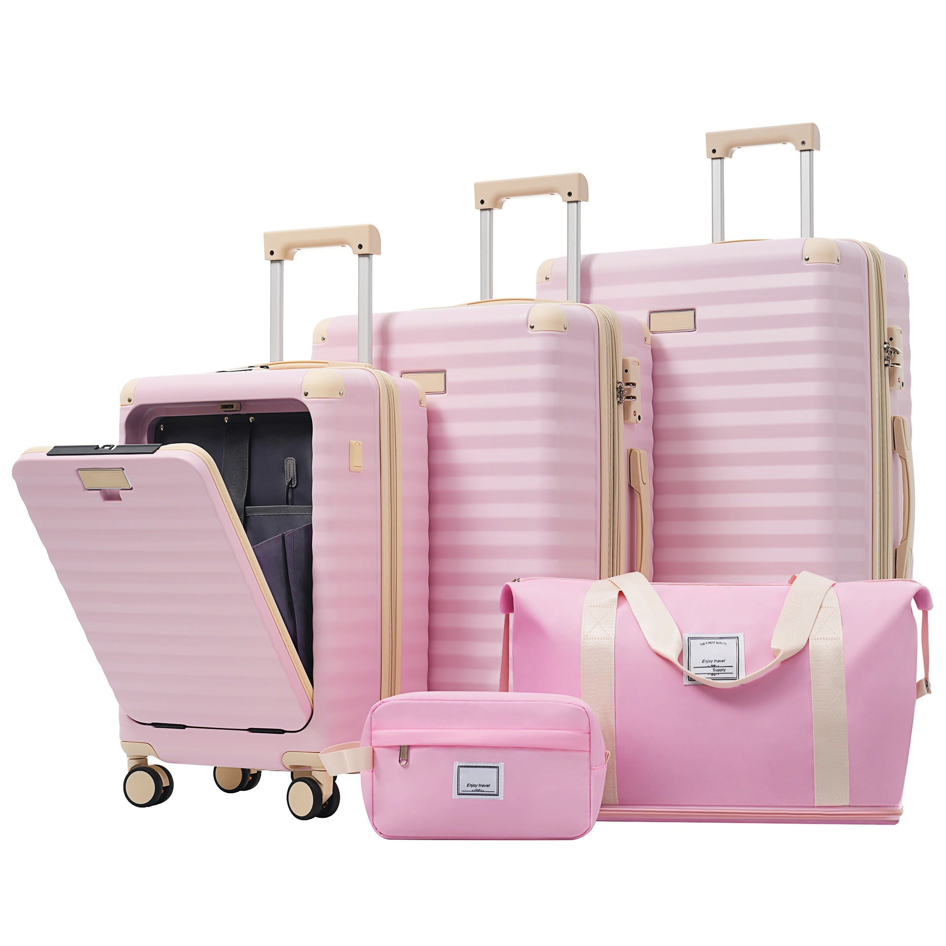 Luggage Sets 5 Piece with Front Opening , Hardside Expandable Carry on Suitcase with Spinner Wheels TSA Lock USB Port  Cup Holder Duffel Bag and Toiletry Bag