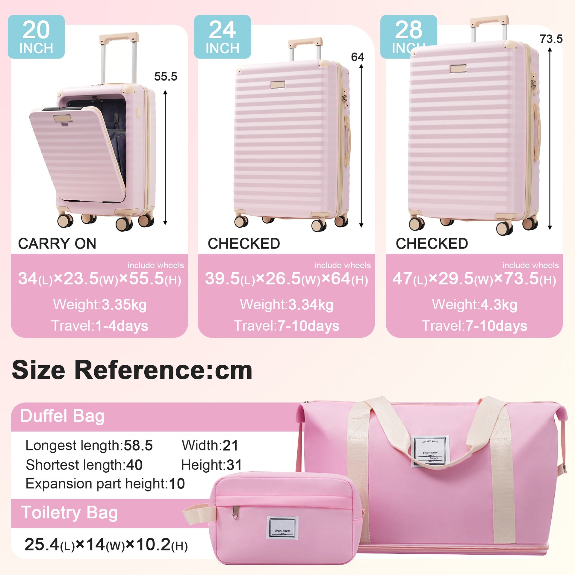 Luggage Sets 5 Piece with Front Opening , Hardside Expandable Carry on Suitcase with Spinner Wheels TSA Lock USB Port  Cup Holder Duffel Bag and Toiletry Bag