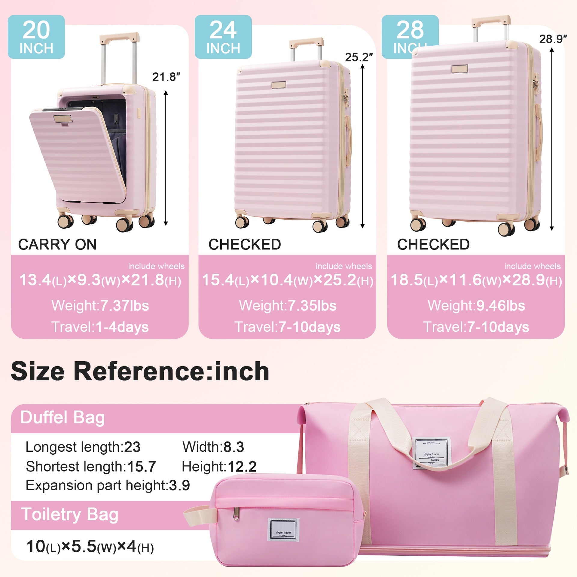 Luggage Sets 5 Piece with Front Opening , Hardside Expandable Carry on Suitcase with Spinner Wheels TSA Lock USB Port  Cup Holder Duffel Bag and Toiletry Bag