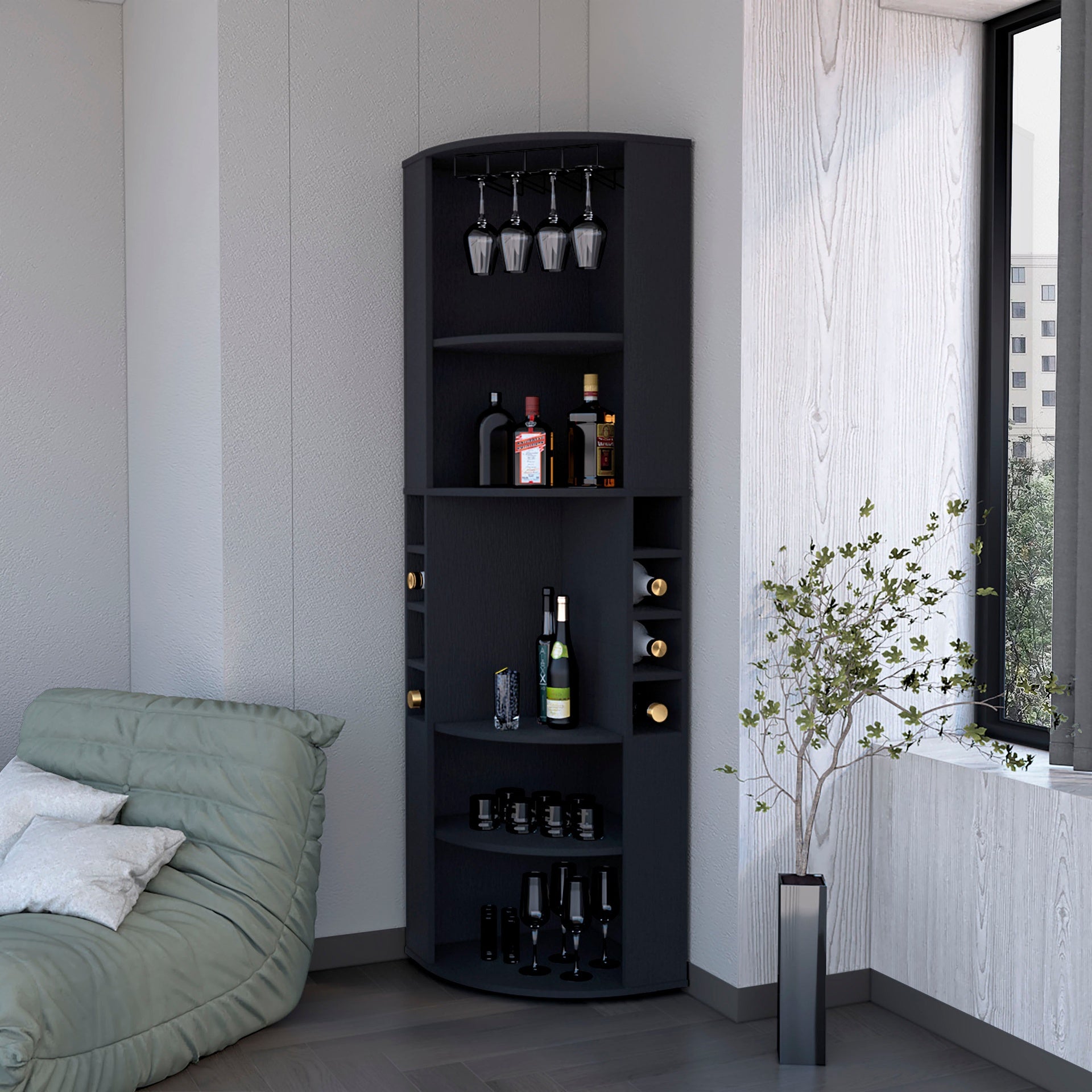 Wenge 5 Large Shelves Corner Bar Cabinet