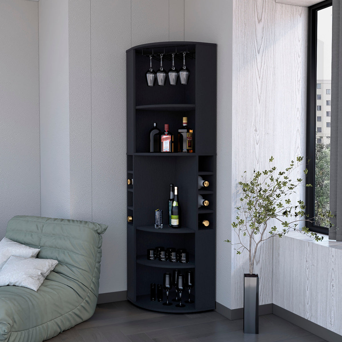 Wenge 5 Large Shelves Corner Bar Cabinet