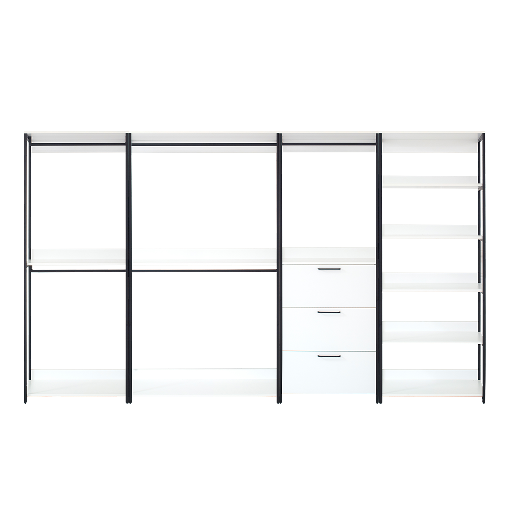 Fiona 143 in. W White Freestanding 4 Tower System 8 -Shelf Walk in Wood Closet System with Metal Frame