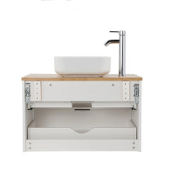 32-Inch Double Drawer Wall-Mounted Bathroom Vanity,White Cabinet + Solid Wood Natural Top,Square Art Ceramic Sink ,Modern Minimalist Design, Combining Functionality and Style