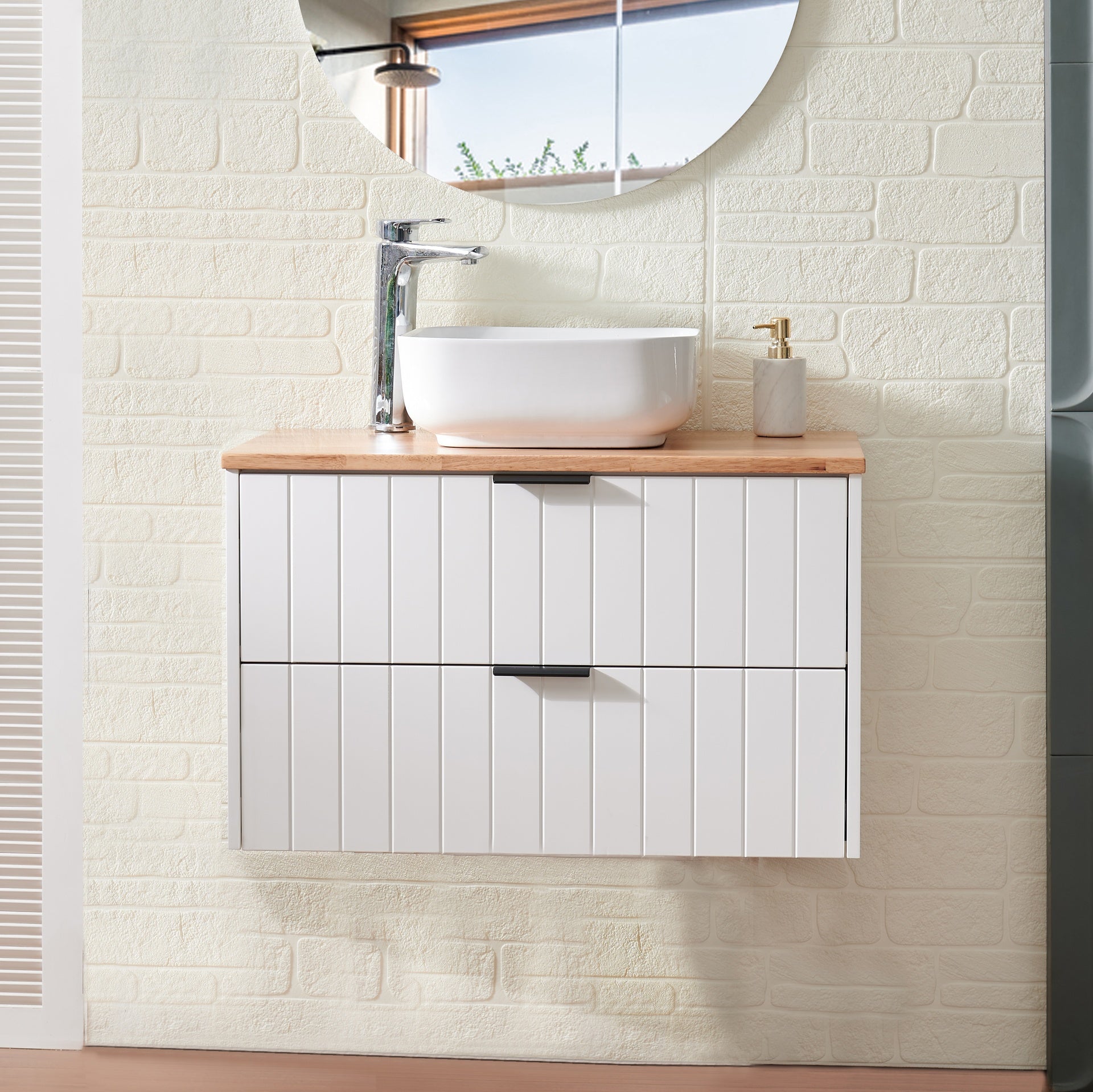 32-Inch Double Drawer Wall-Mounted Bathroom Vanity,White Cabinet + Solid Wood Natural Top,Square Art Ceramic Sink ,Modern Minimalist Design, Combining Functionality and Style