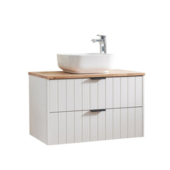 32-Inch Double Drawer Wall-Mounted Bathroom Vanity,White Cabinet + Solid Wood Natural Top,Square Art Ceramic Sink ,Modern Minimalist Design, Combining Functionality and Style