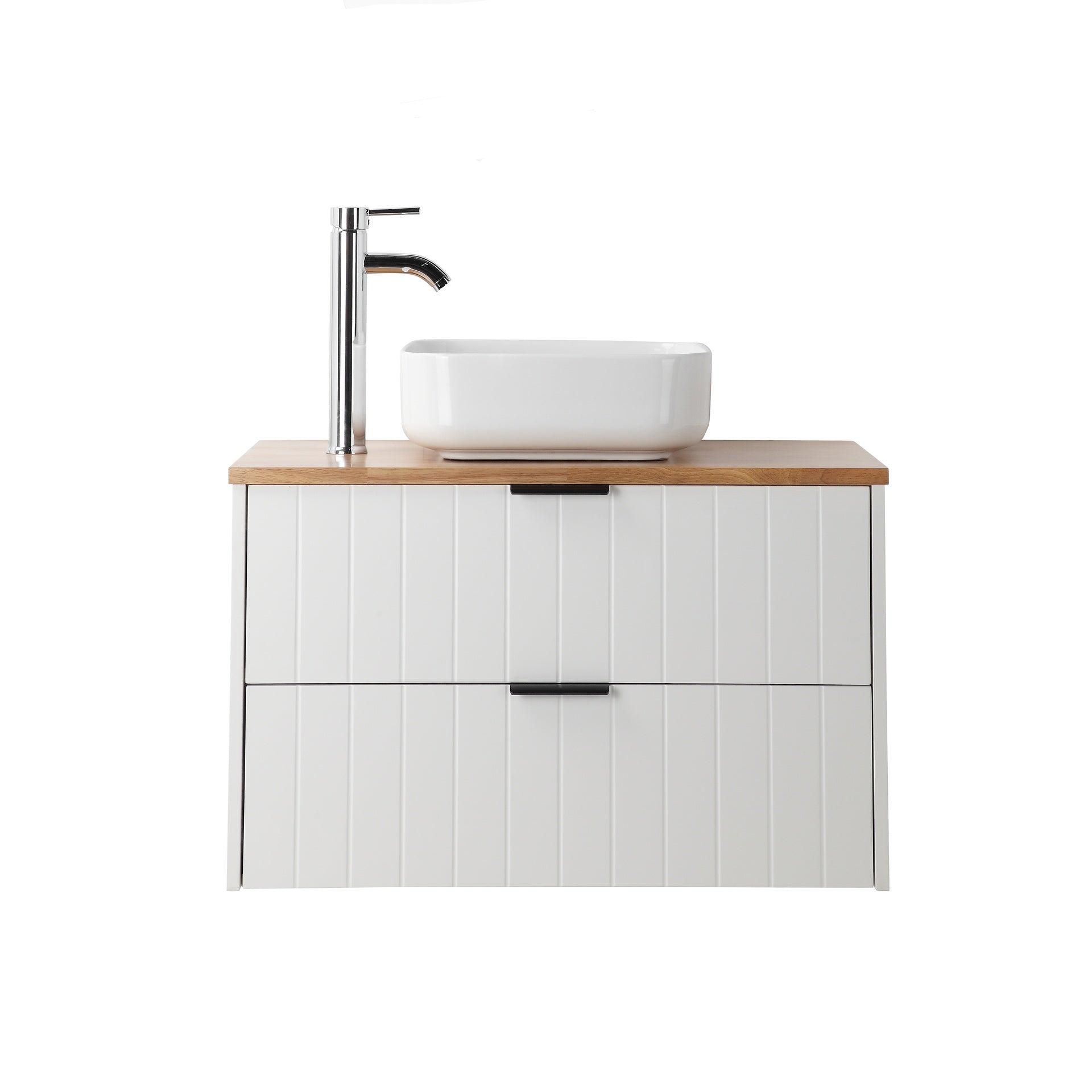 32-Inch Double Drawer Wall-Mounted Bathroom Vanity,White Cabinet + Solid Wood Natural Top,Square Art Ceramic Sink ,Modern Minimalist Design, Combining Functionality and Style
