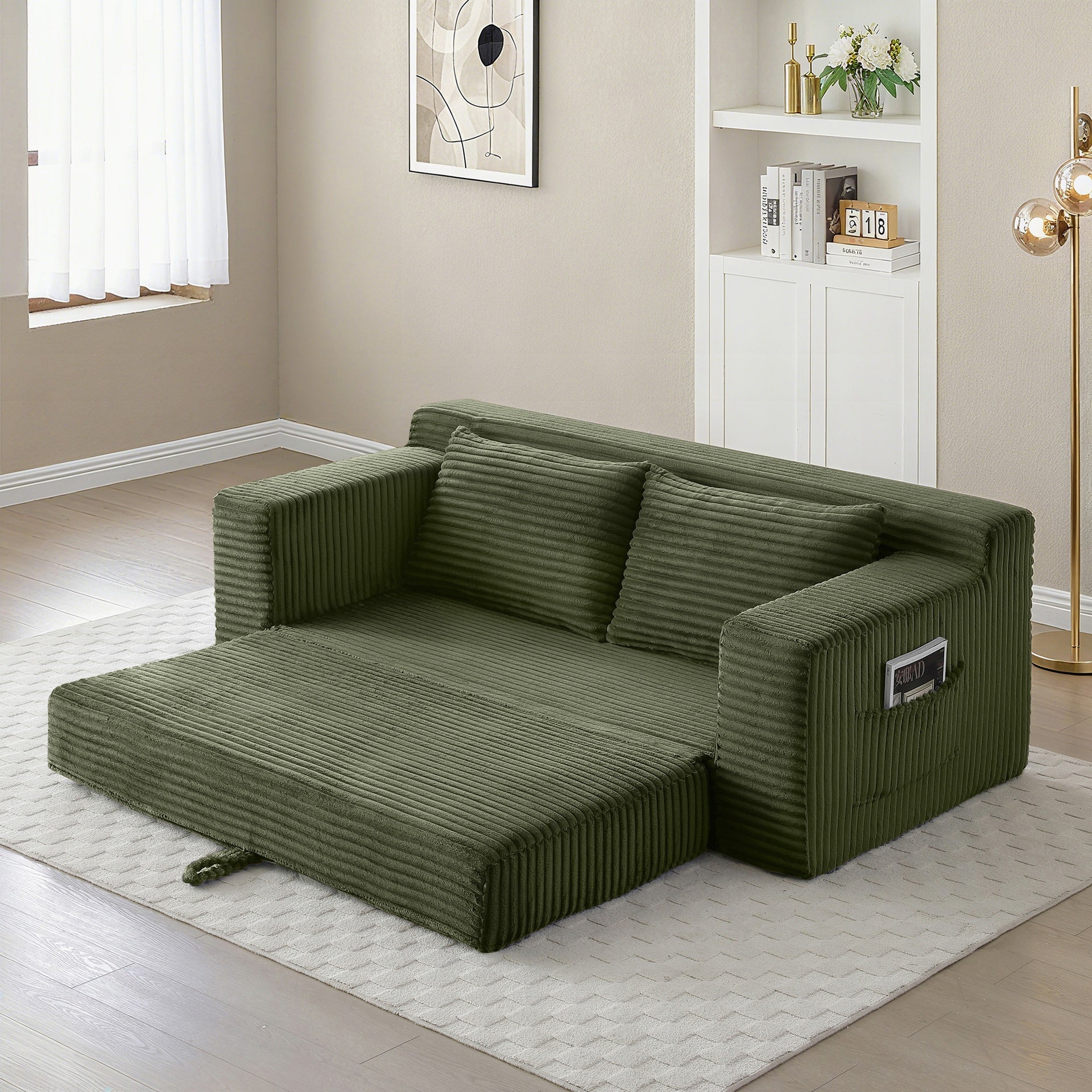 Memory Foam Cloud Loveseat Sofa, 2 in 1 Convertible Folding Couch Bed, No Assembly Compressed Corduroy Floor Lounge Sofa for Apartment Office Bedroom Living Room