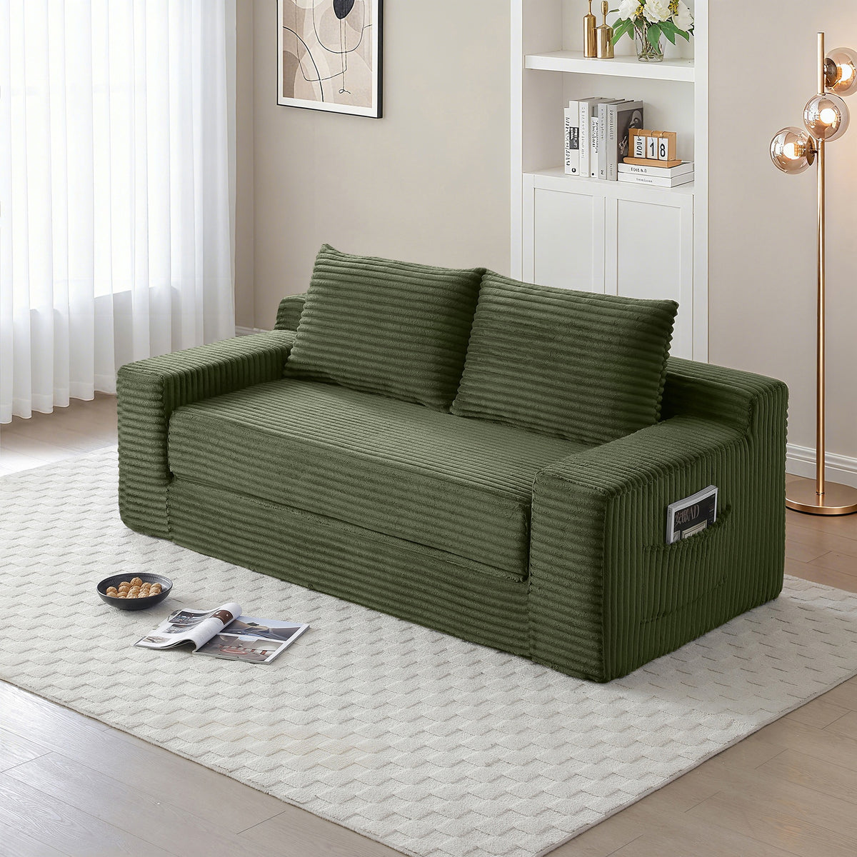 Memory Foam Cloud Loveseat Sofa, 2 in 1 Convertible Folding Couch Bed, No Assembly Compressed Corduroy Floor Lounge Sofa for Apartment Office Bedroom Living Room
