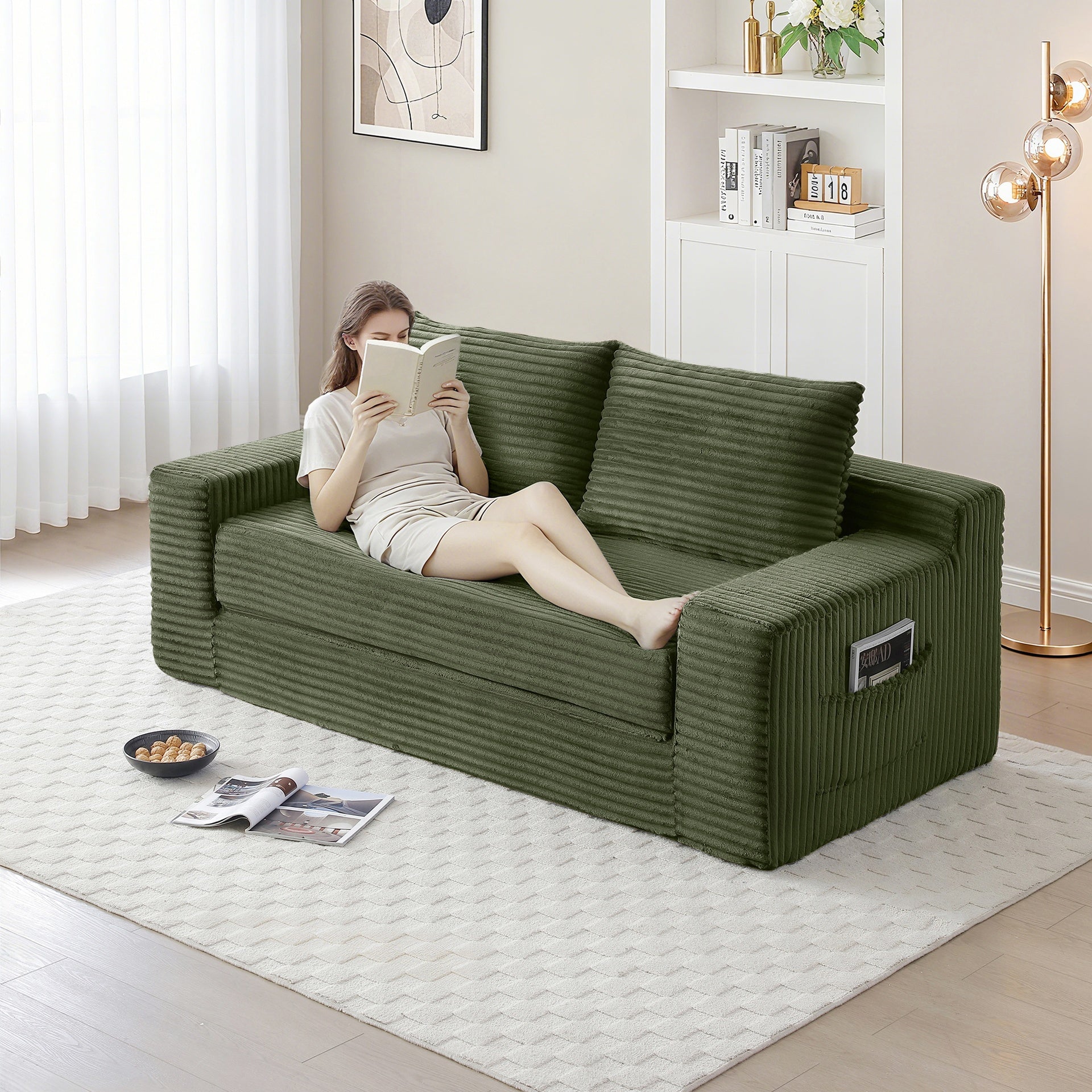 Memory Foam Cloud Loveseat Sofa, 2 in 1 Convertible Folding Couch Bed, No Assembly Compressed Corduroy Floor Lounge Sofa for Apartment Office Bedroom Living Room