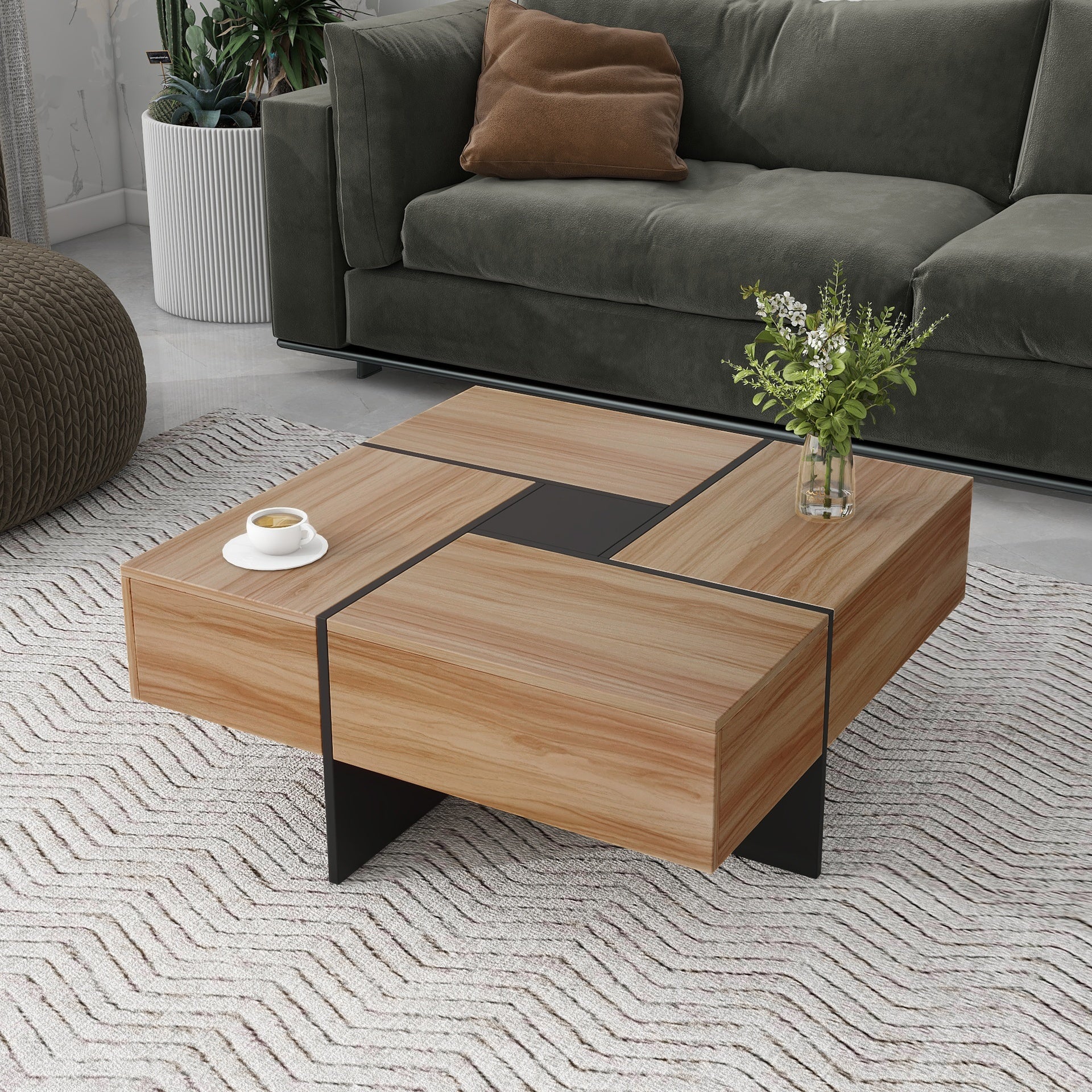[New Picture] Unique Design Coffee Table with 4 Hidden Storage Compartments, Square Cocktail Table with Extendable Sliding Tabletop, UV High-gloss Design Center Table for Living Room, 31.5"x 31.5"
