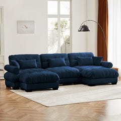 U Shape Modular Sectional Sofa Couch with Two Movable Ottomans, Modern 3 Seat Corner Sofa With Waist Pillows, Throw Pillows and Blostered Armrests, Convertible L Shaped Couch for Living ,Blue