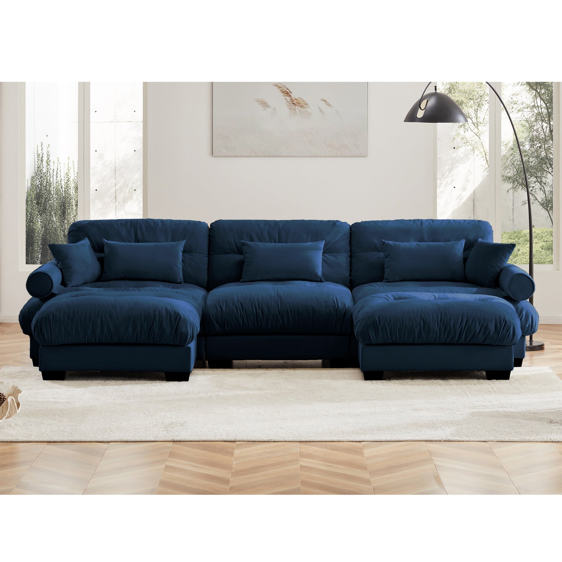 U Shape Modular Sectional Sofa Couch with Two Movable Ottomans, Modern 3 Seat Corner Sofa With Waist Pillows, Throw Pillows and Blostered Armrests, Convertible L Shaped Couch for Living ,Blue