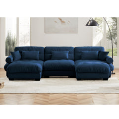 U Shape Modular Sectional Sofa Couch with Two Movable Ottomans, Modern 3 Seat Corner Sofa With Waist Pillows, Throw Pillows and Blostered Armrests, Convertible L Shaped Couch for Living ,Blue