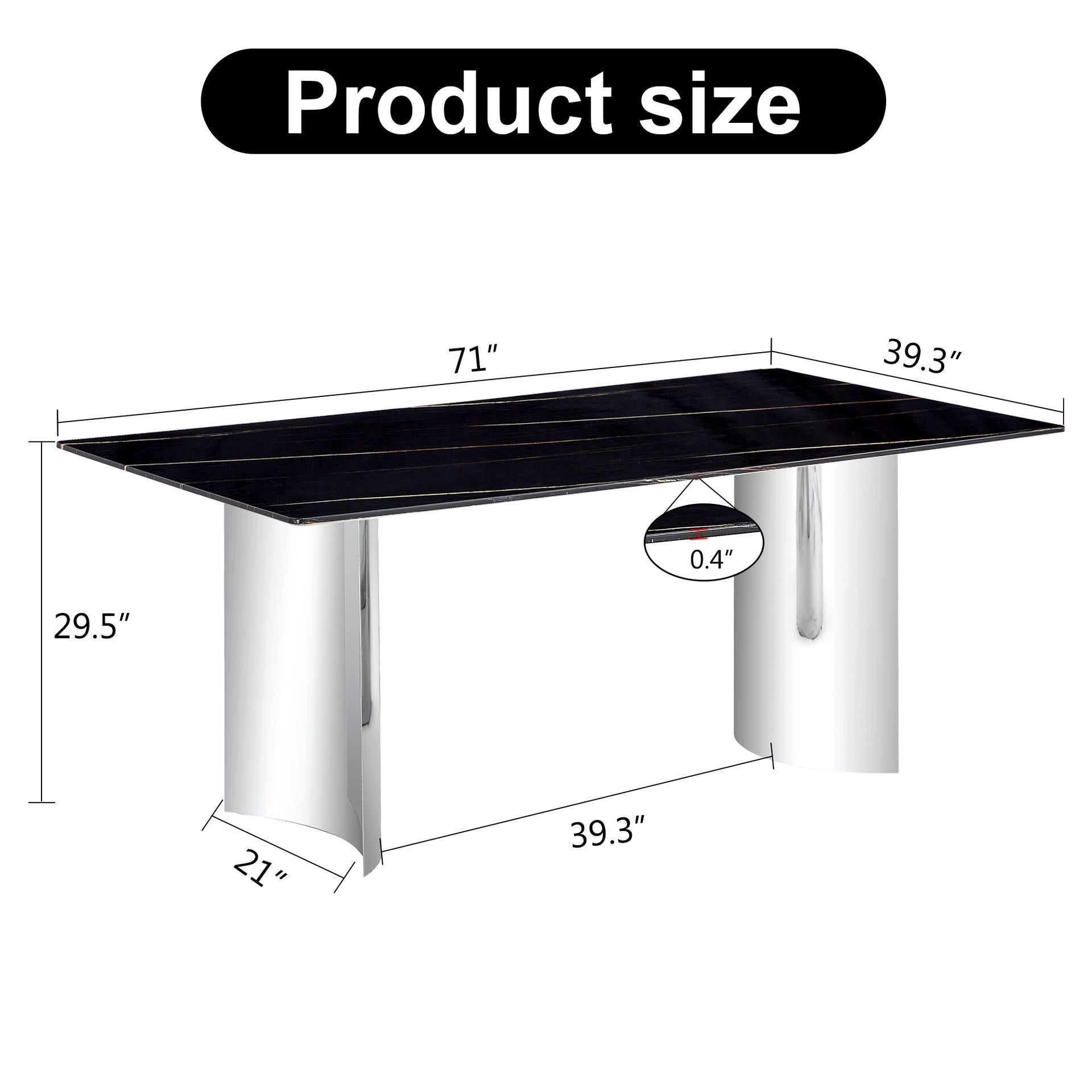 Modern minimalist dining table. The black imitation marble glass desktop is equipped with silver metal legs. Suitable for restaurants and living rooms 71 "* 39.3" * 29.5 ".W1151S00581