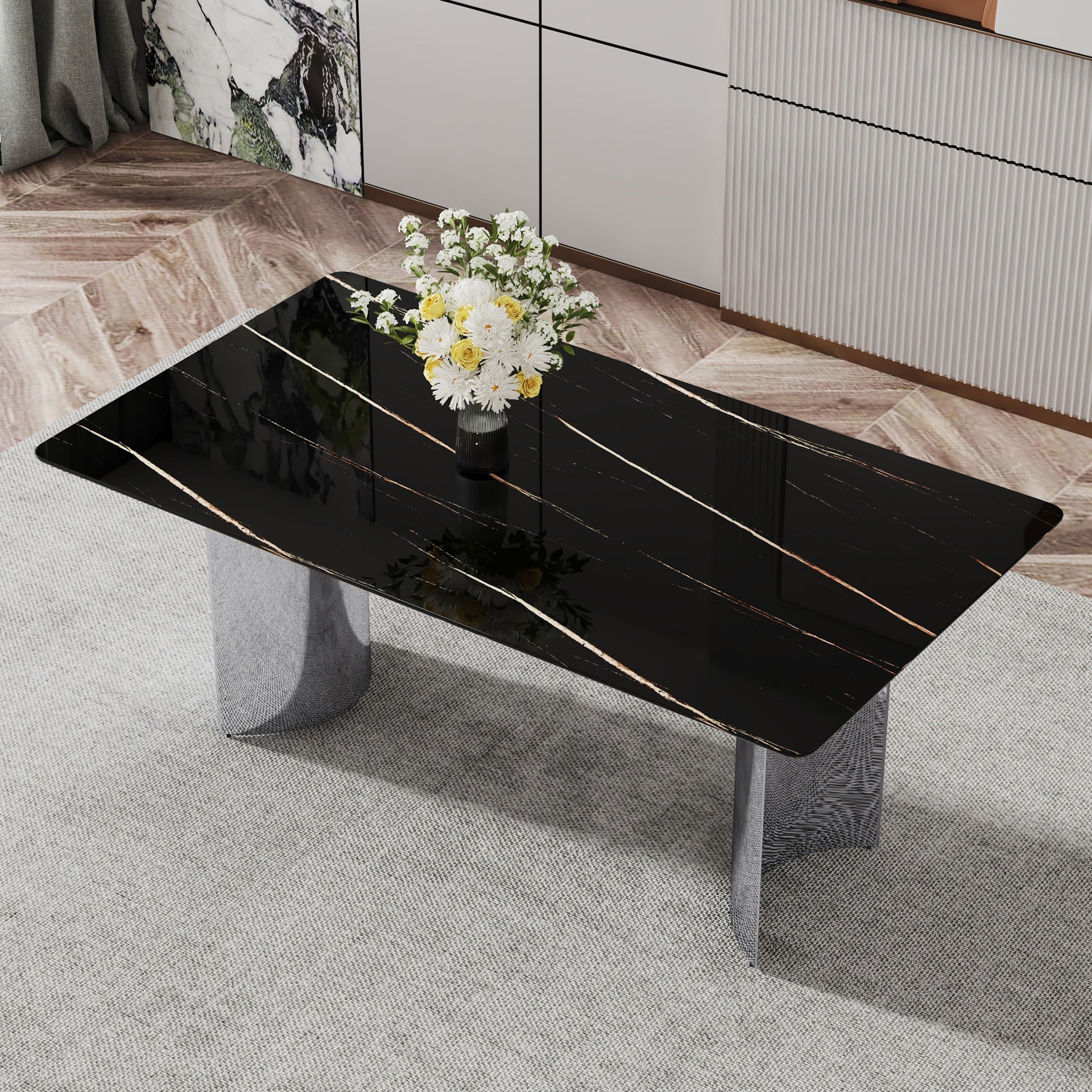 Modern minimalist dining table. The black imitation marble glass desktop is equipped with silver metal legs. Suitable for restaurants and living rooms 71 "* 39.3" * 29.5 ".W1151S00581