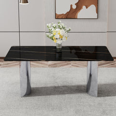 Modern minimalist dining table. The black imitation marble glass desktop is equipped with silver metal legs. Suitable for restaurants and living rooms 71 "* 39.3" * 29.5 ".W1151S00581