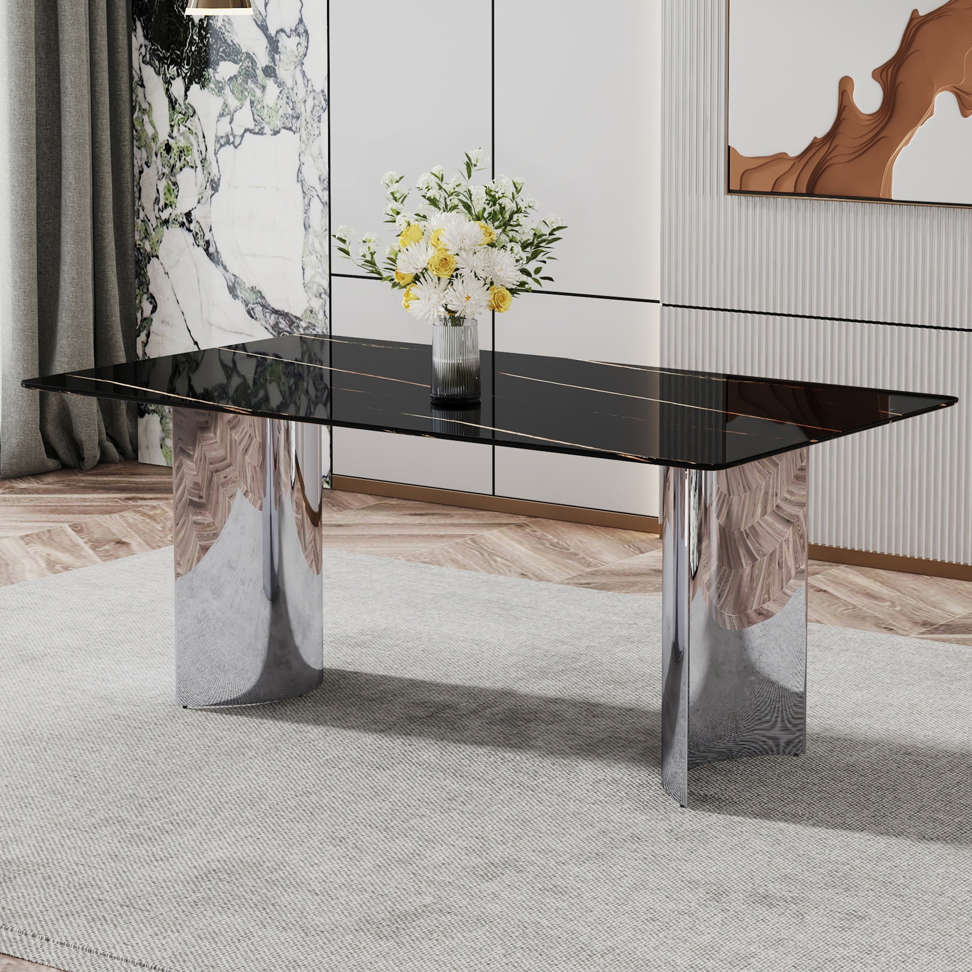 Modern minimalist dining table. The black imitation marble glass desktop is equipped with silver metal legs. Suitable for restaurants and living rooms 71 "* 39.3" * 29.5 ".W1151S00581
