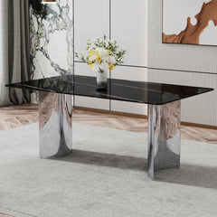 Modern minimalist dining table. The black imitation marble glass desktop is equipped with silver metal legs. Suitable for restaurants and living rooms 71 "* 39.3" * 29.5 ".W1151S00581