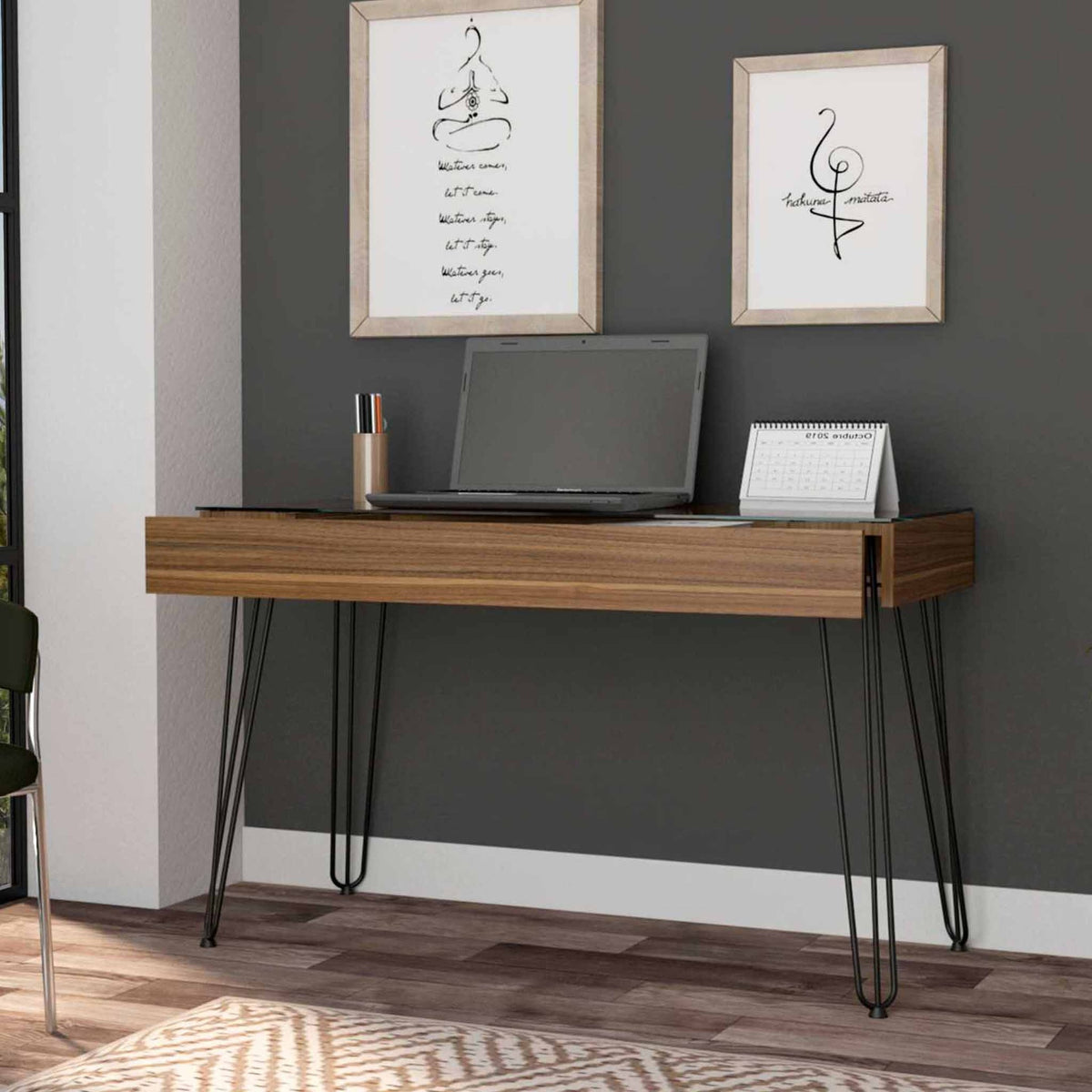 Mahogany 1-Drawer Rectangle Writing Desk with Hairpin Legs