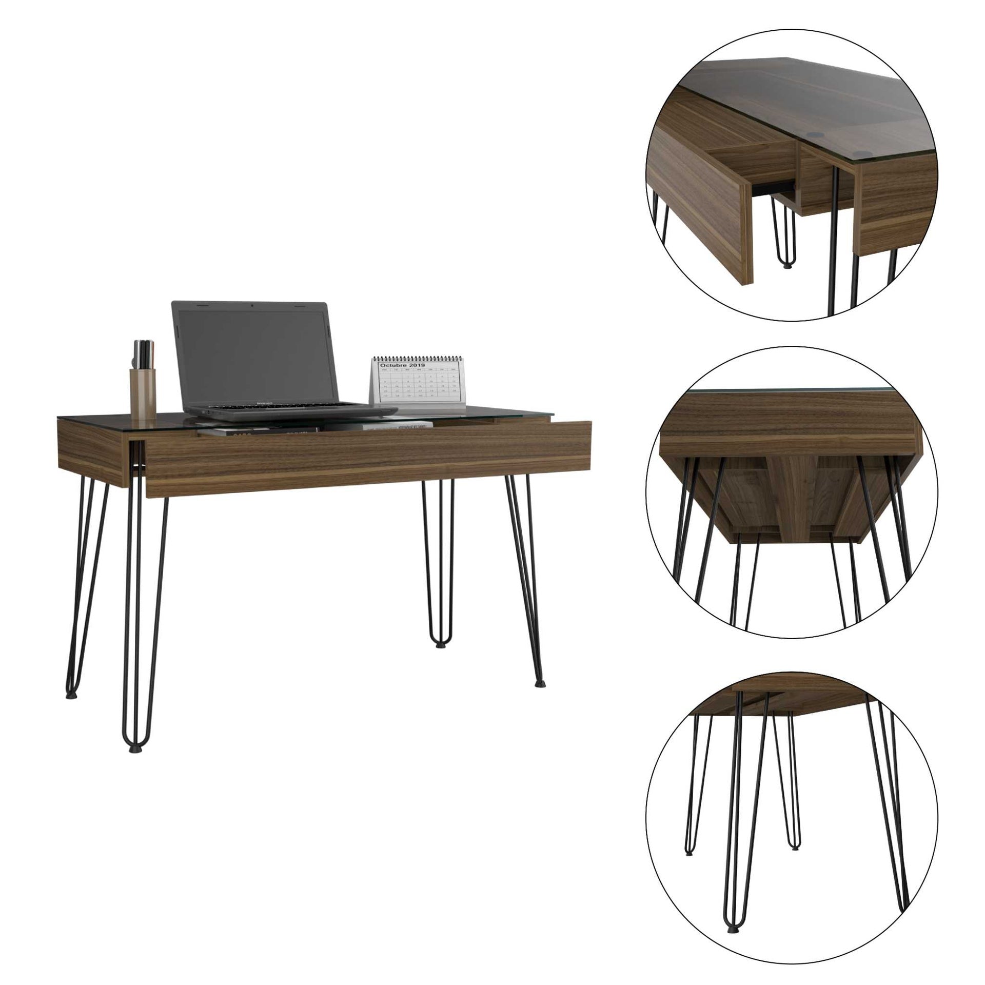 Mahogany 1-Drawer Rectangle Writing Desk with Hairpin Legs