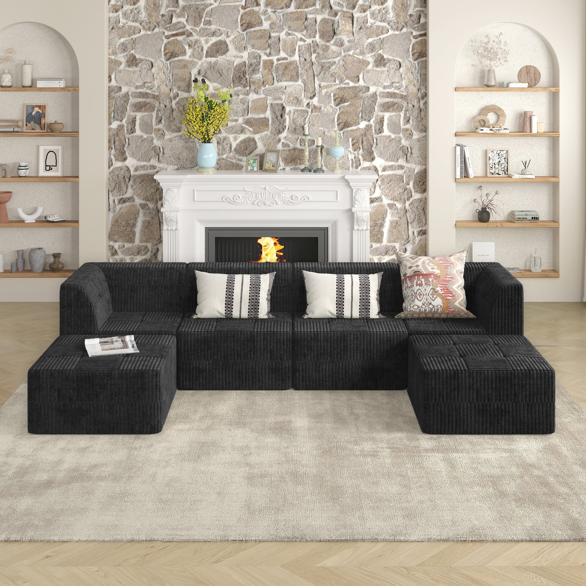 Corner sofa Compressed Sectional Sofa Modern Minimalist Style Corduroy Couch, Sleeper Sofa for Living Room, Bedroom, Comfy Compressed Sofa Couch Space-Efficient Design-black
