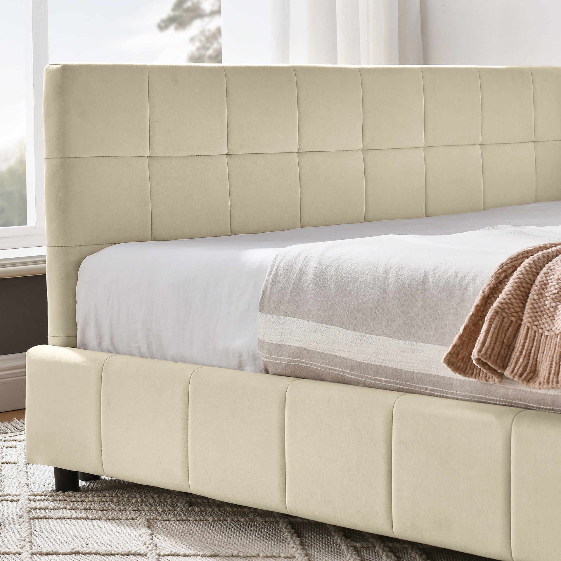 Full Size Upholstered Tufted  Bed Frame, Sofa Bed Frame with Comfortable Backrest and Armrests, Full Size Bed for Bedroom, Living Room,Velvet, NEW BEIGE(80.5''*59''*30.5'')