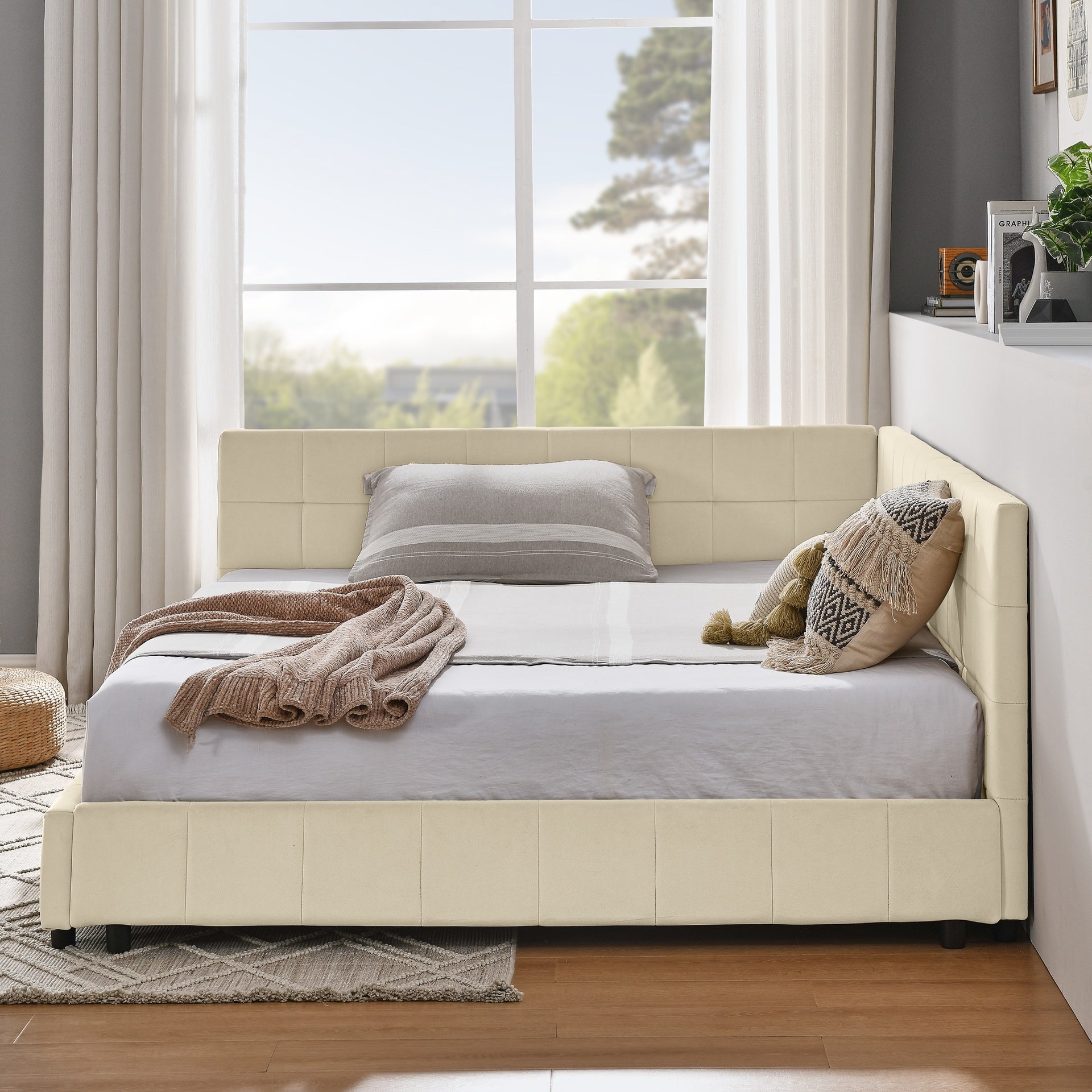 Full Size Upholstered Tufted  Bed Frame, Sofa Bed Frame with Comfortable Backrest and Armrests, Full Size Bed for Bedroom, Living Room,Velvet, NEW BEIGE(80.5''*59''*30.5'')