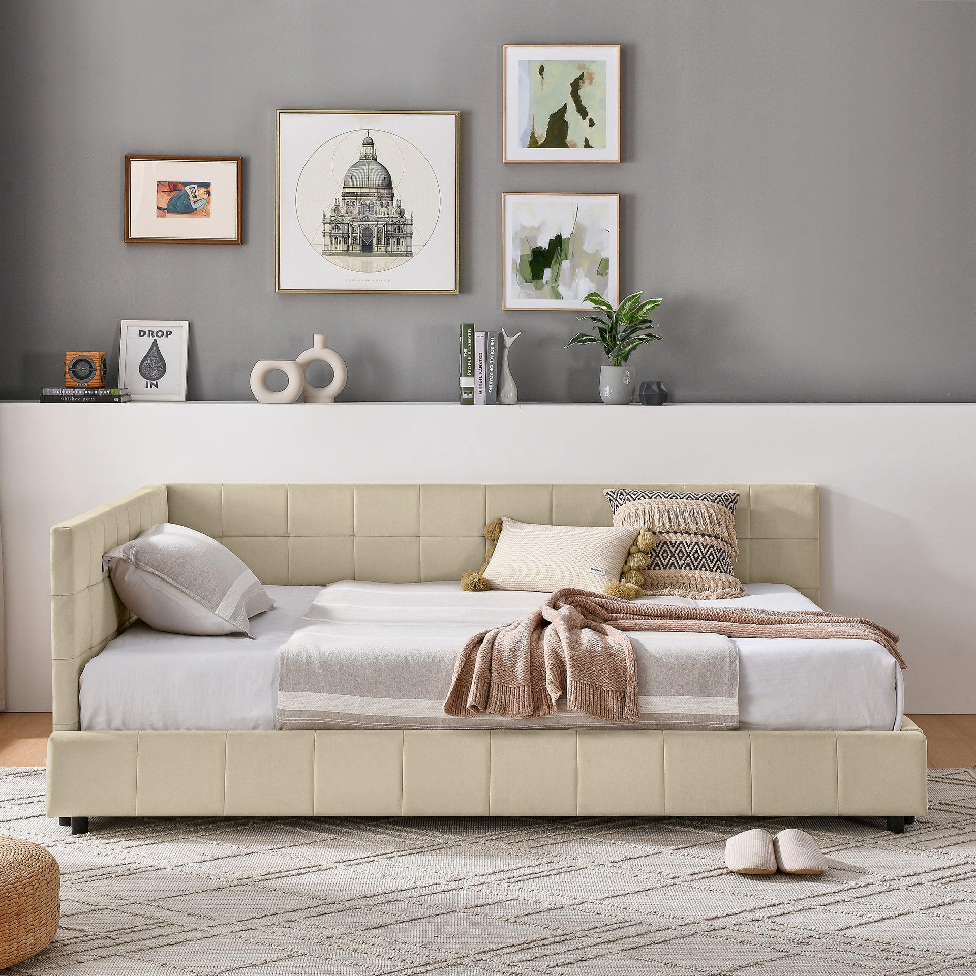 Full Size Upholstered Tufted  Bed Frame, Sofa Bed Frame with Comfortable Backrest and Armrests, Full Size Bed for Bedroom, Living Room,Velvet, NEW BEIGE(80.5''*59''*30.5'')