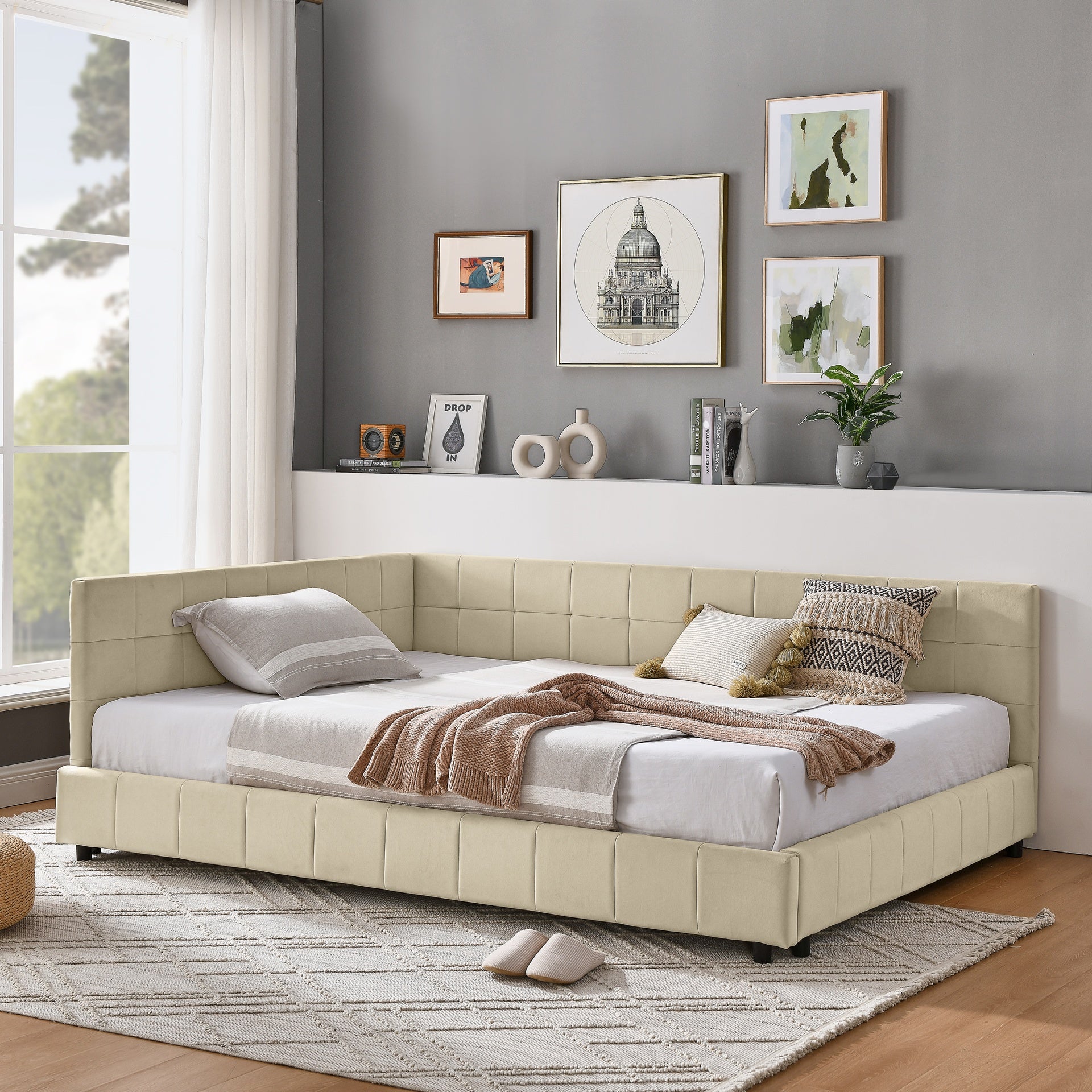 Full Size Upholstered Tufted  Bed Frame, Sofa Bed Frame with Comfortable Backrest and Armrests, Full Size Bed for Bedroom, Living Room,Velvet, NEW BEIGE(80.5''*59''*30.5'')