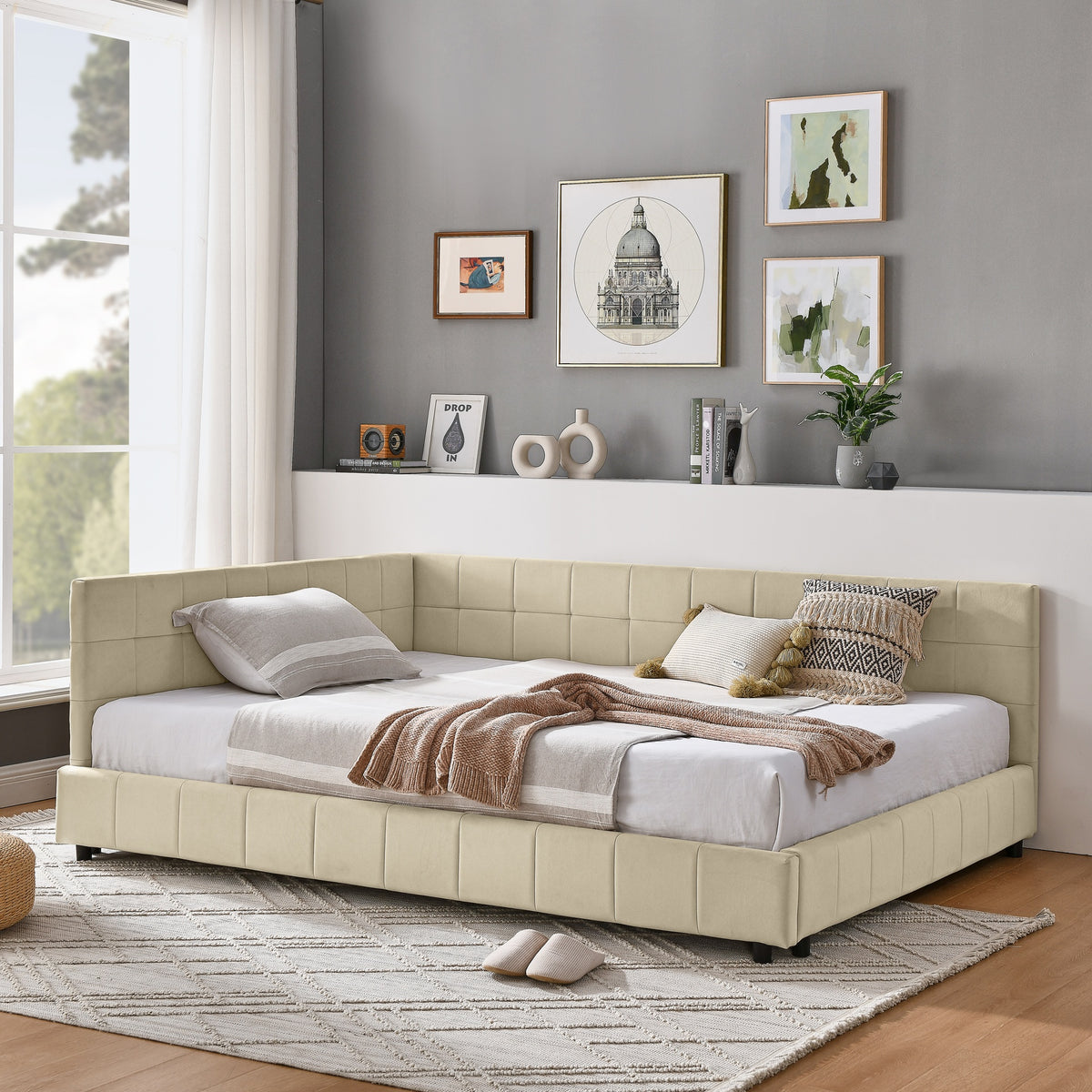 Full Size Upholstered Tufted  Bed Frame, Sofa Bed Frame with Comfortable Backrest and Armrests, Full Size Bed for Bedroom, Living Room,Velvet, NEW BEIGE(80.5''*59''*30.5'')