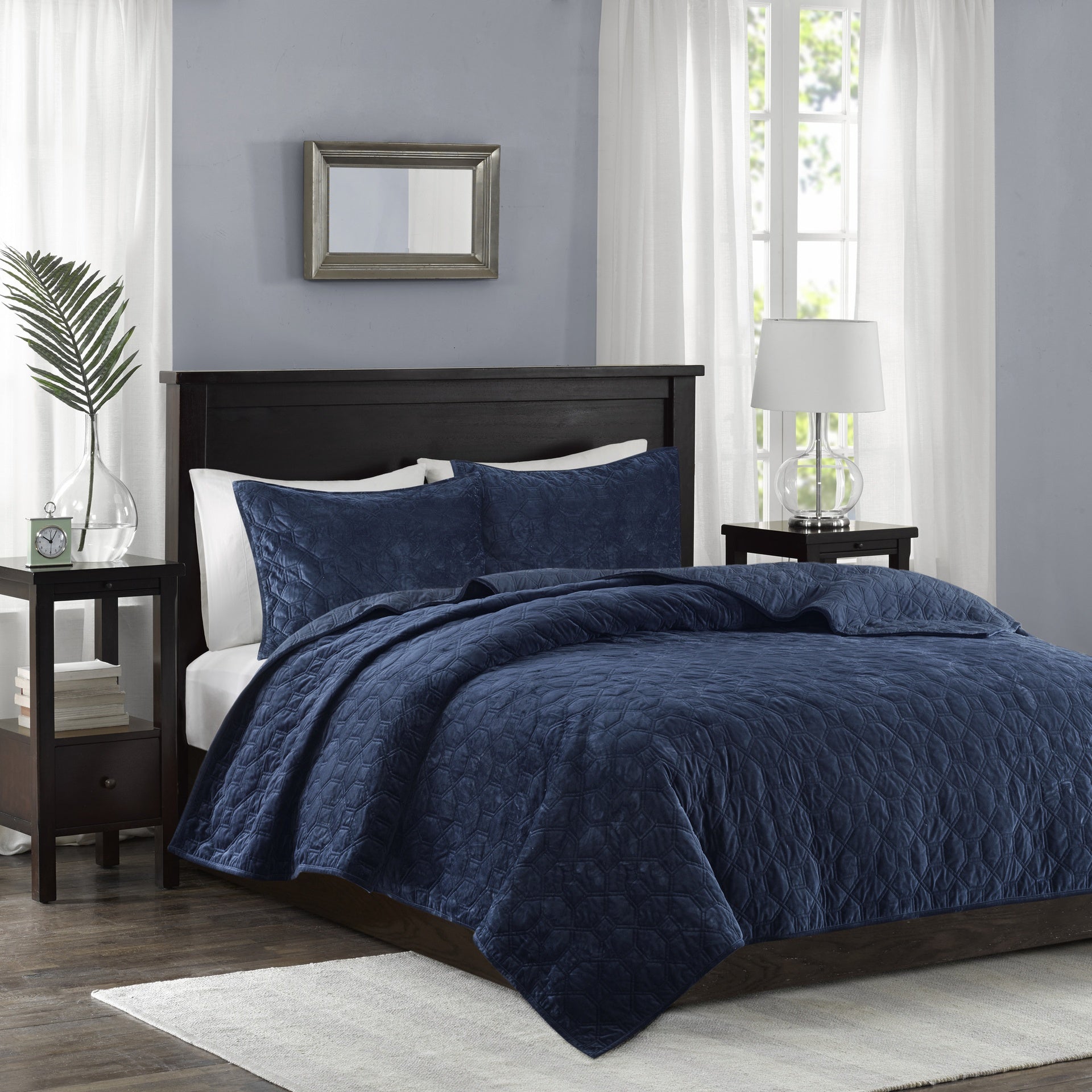 3 Piece Velvet Quilt Set Navy Full/Queen