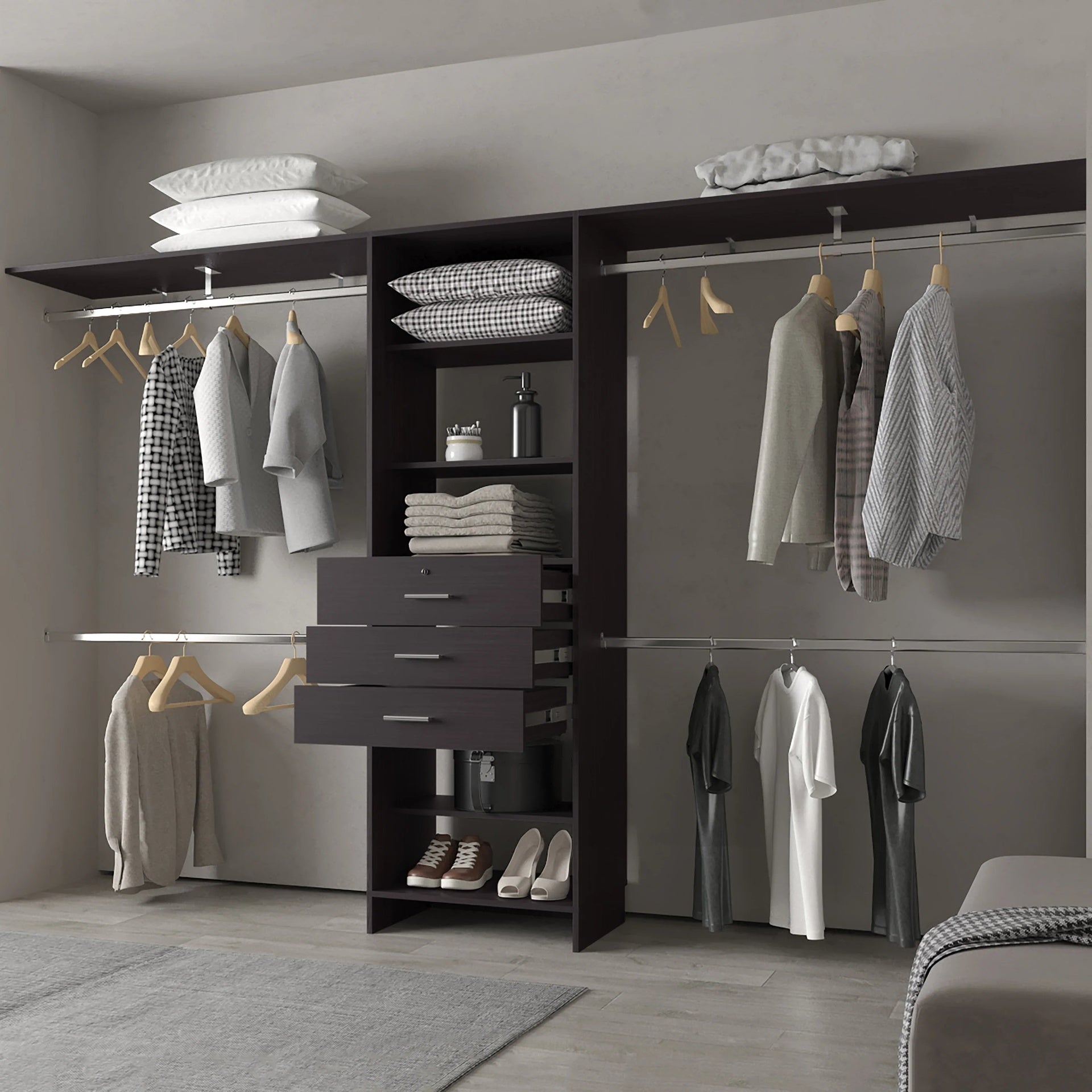 Wengue Modular Closet Organizer System with Hanging Rods