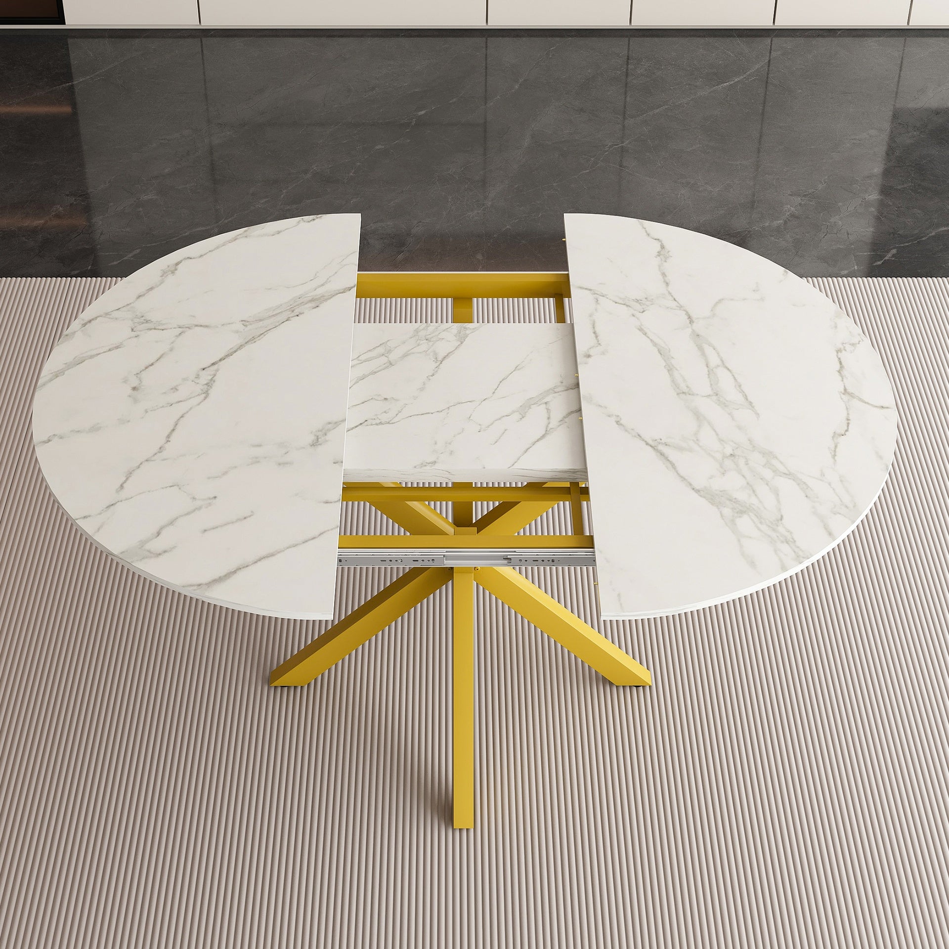 Modern and simple round dining table with extendable blades, carbon steel X-shaped base, sturdy and durable, suitable for restaurants, small apartments and kitchens (can accommodate 4-6 people)