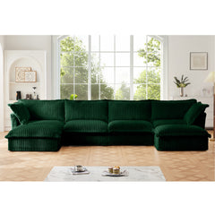Slipcovered U Shape Sectional Wide and Deep Seat Sofa Couch, 4 Seater Sofa with French Edges Design Multiple Big Pillows, Soft Deep Seat Comfy Cloud Couch for Living Room, Apartment, Green Corduroy
