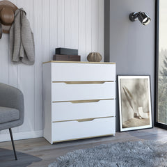 Dresser Oboe, Superior Top, Four Drawers, White / Light Oak Finish