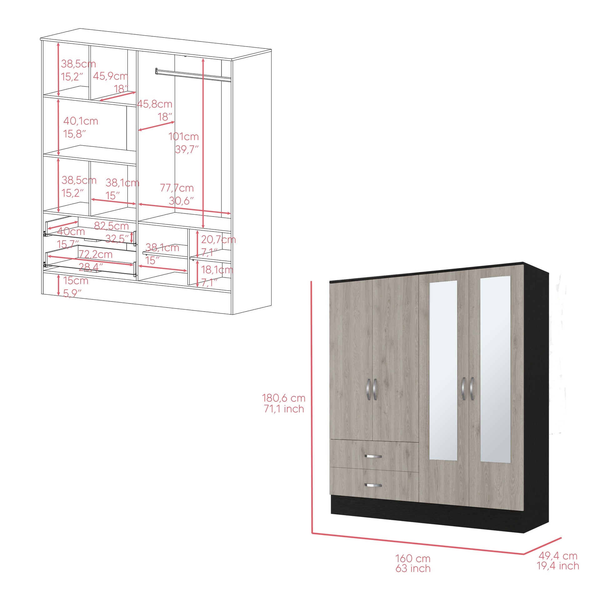 Armoire Ron, Bedroom, Black / Light Gray