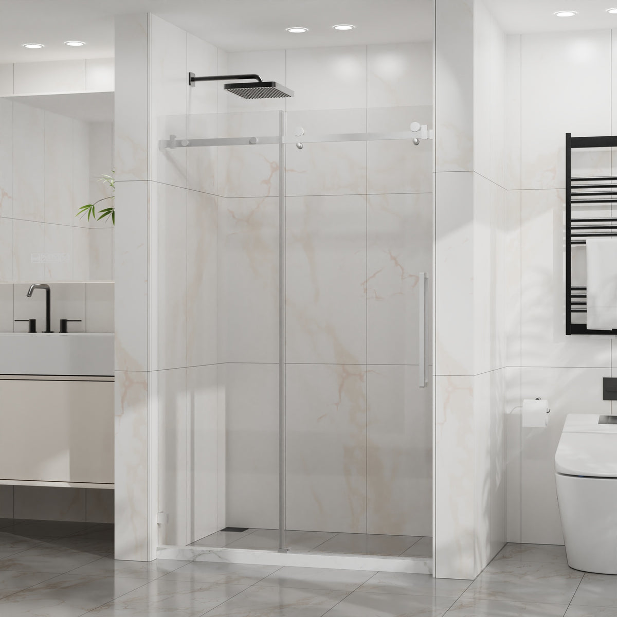 Goodyo Frameless Shower Door, 48" W x 72" H Sleek Silent Sliding Glass Door, 1/4" (6mm) Thick Tempered Clear Glass with Easy-clean Coating, Heavy-Duty 304 Stainless Steel, Chrome