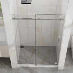 Goodyo Frameless Shower Door, 48" W x 72" H Sleek Silent Sliding Glass Door, 1/4" (6mm) Thick Tempered Clear Glass with Easy-clean Coating, Heavy-Duty 304 Stainless Steel, Chrome