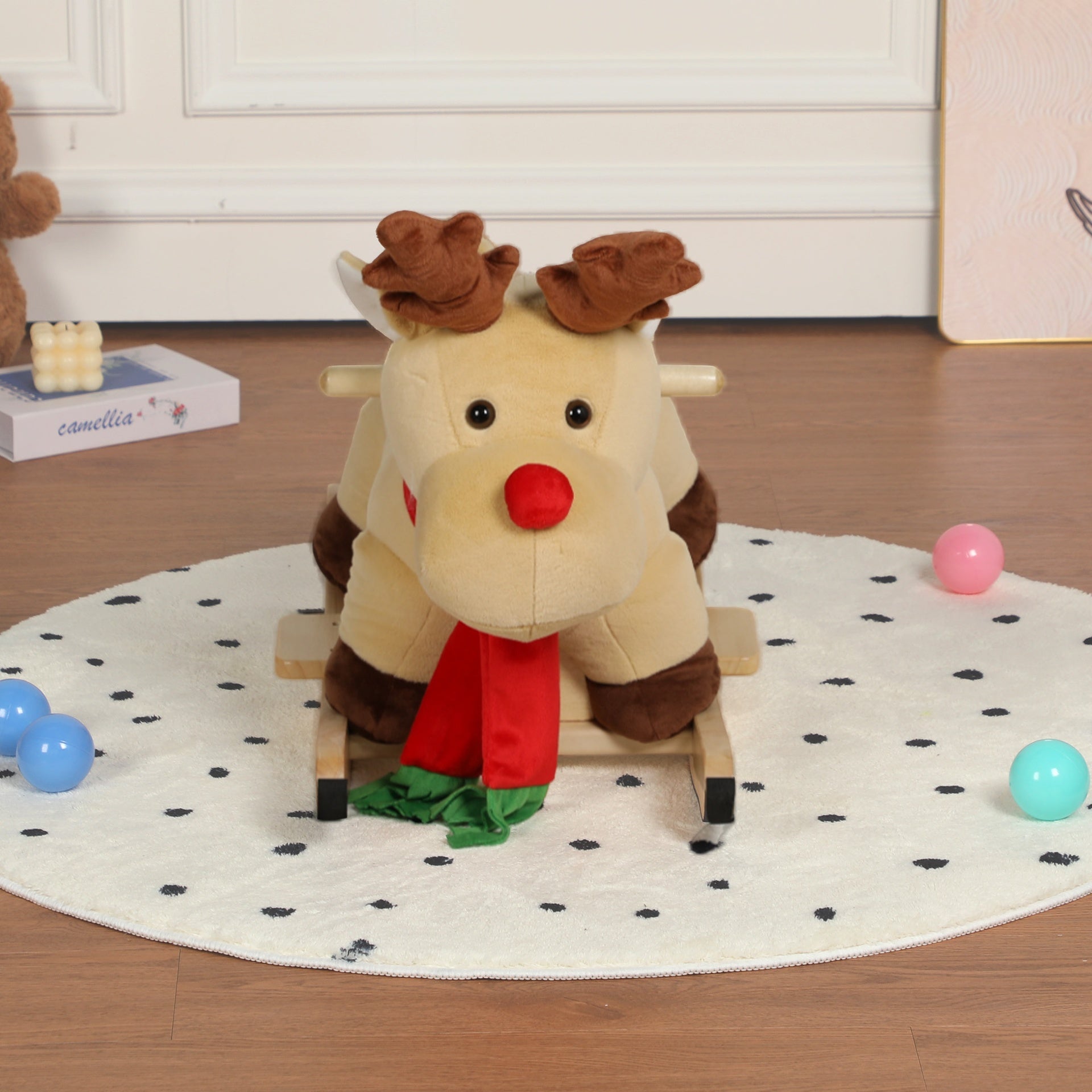 Kids Ride-On Rocking Horse Toy with Lullaby Song,Moose Rocking Toy with Hand Puppets and Safety Belt For Children 1-3 Years,Soft Plush Fabric,Apricot,CPC Certified