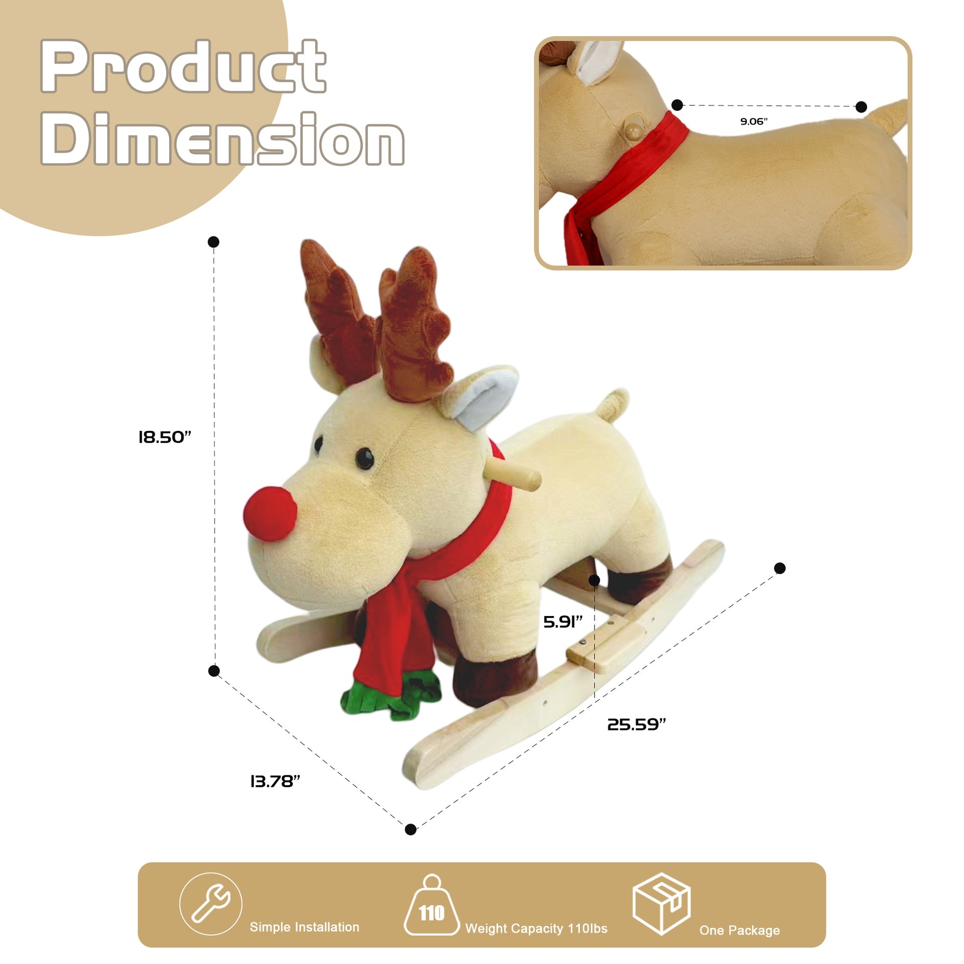 Kids Ride-On Rocking Horse Toy with Lullaby Song,Moose Rocking Toy with Hand Puppets and Safety Belt For Children 1-3 Years,Soft Plush Fabric,Apricot,CPC Certified