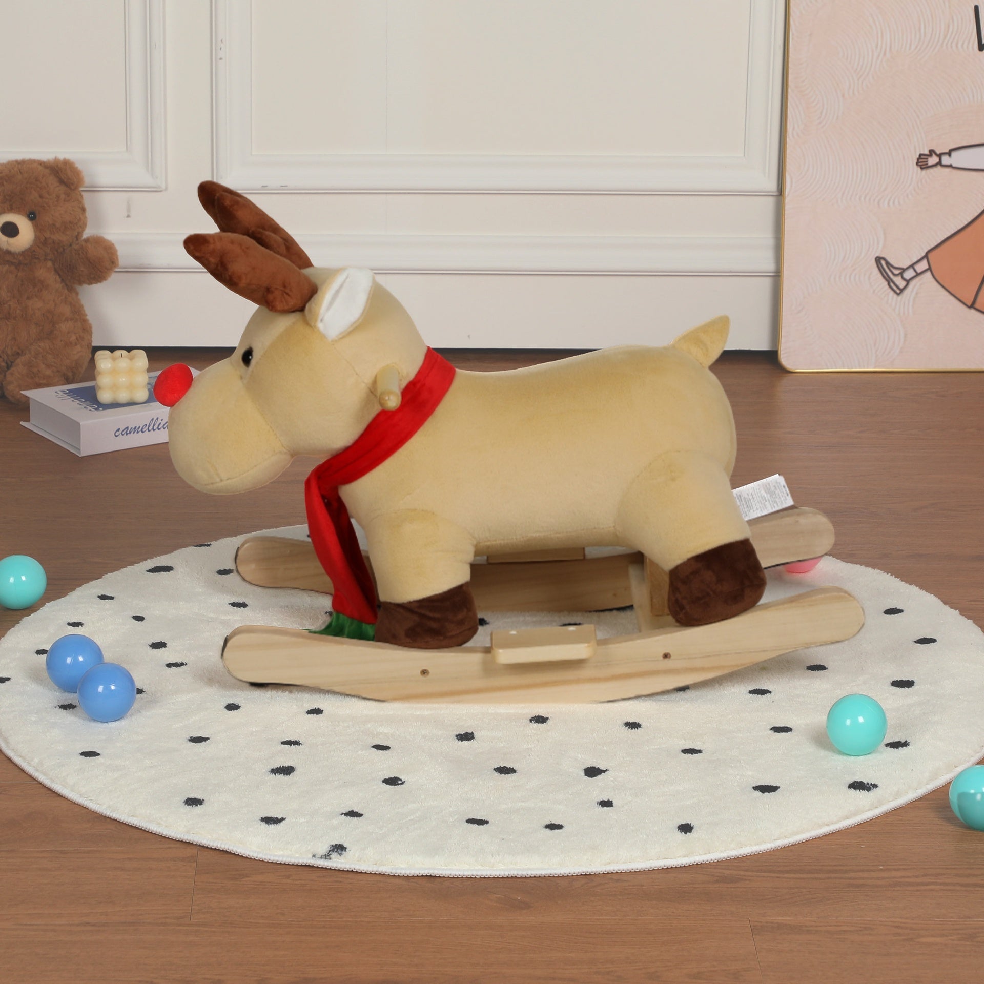 Kids Ride-On Rocking Horse Toy with Lullaby Song,Moose Rocking Toy with Hand Puppets and Safety Belt For Children 1-3 Years,Soft Plush Fabric,Apricot,CPC Certified