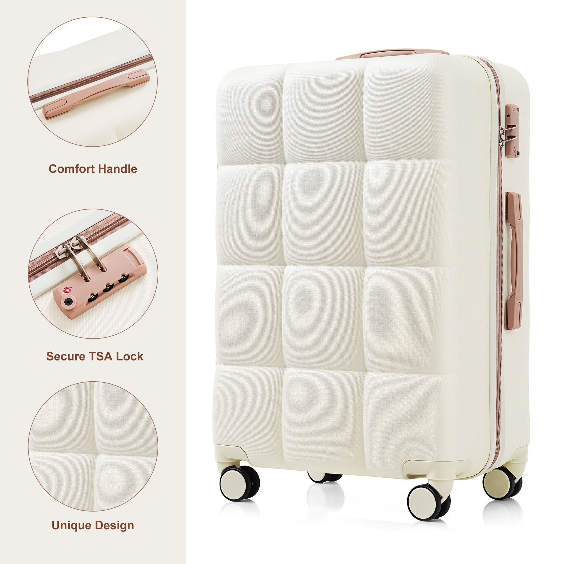 Luggage Sets 4 Piece,  ABS Durable Suitcase with Travel Bag,  Cup Holder, ABS Hard Shell Luggage with Spinner Wheels, white