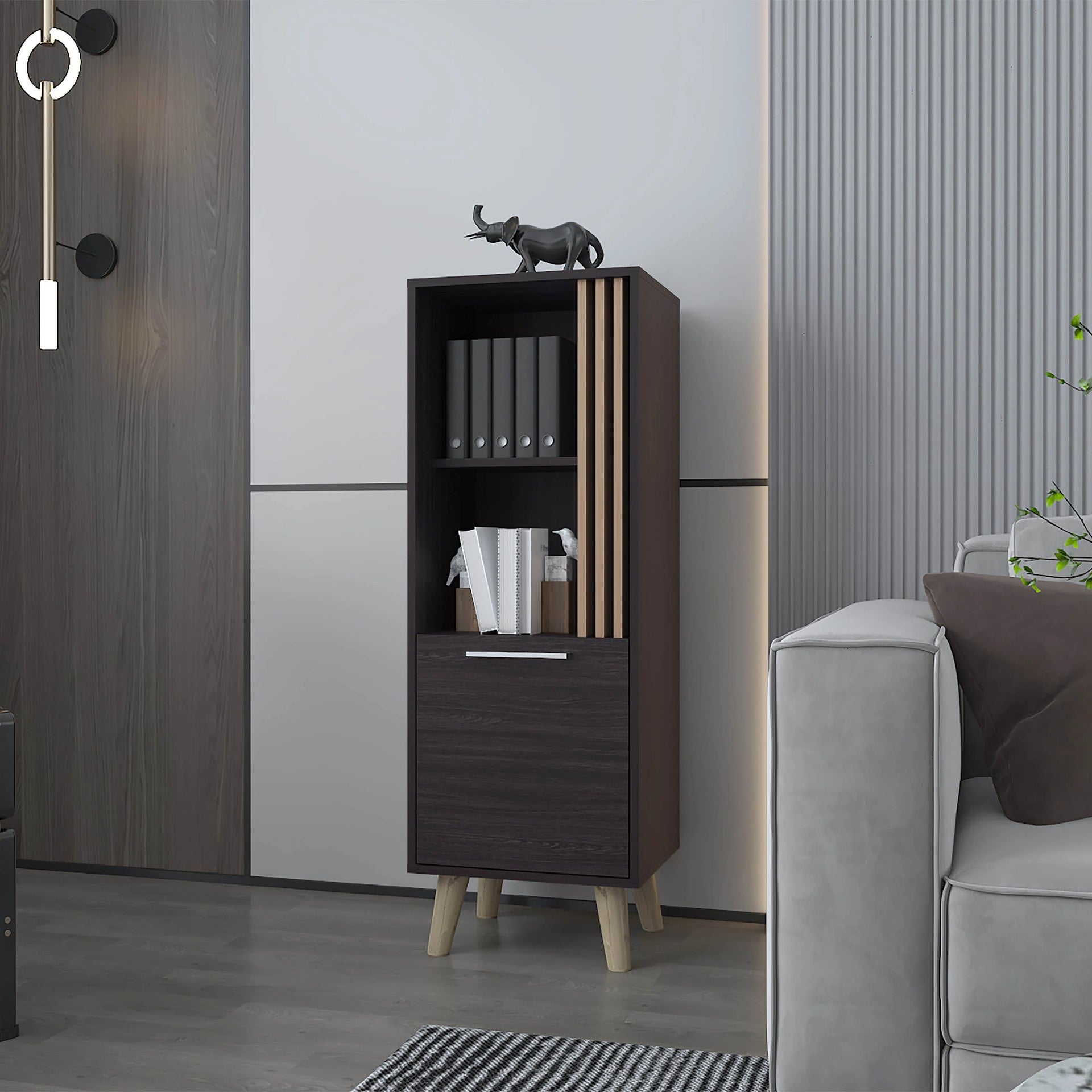 Wengue and Natural Oak Storage Cabinet with a Door and Open Storage