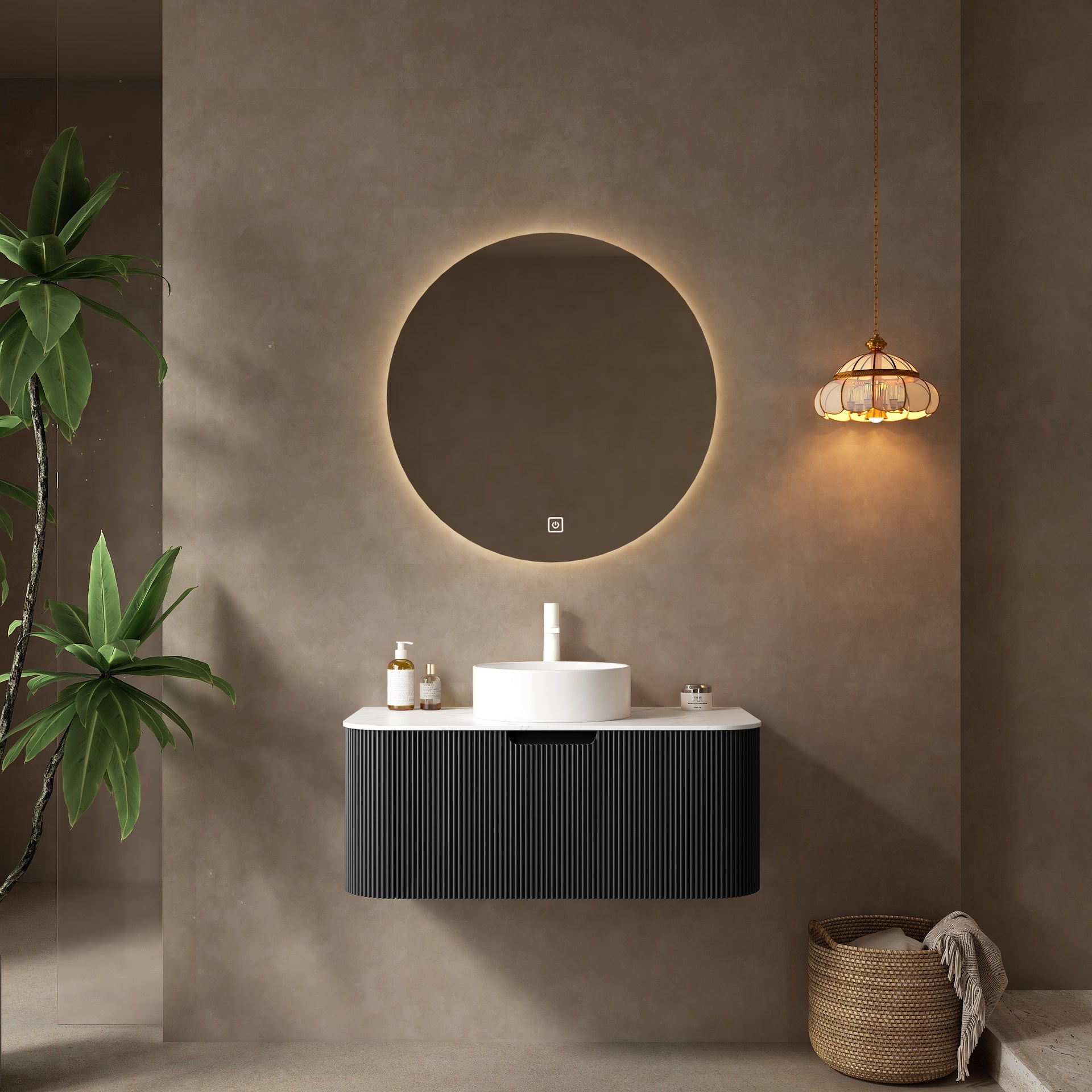 DINA 36" Bathroom Vanity with Sink, Modern Wall-Mounted Floating Curved Edges Striped Bathroom Storage Cabinet with a Drawer, White Round Ceramic Basin without Faucet, Pre-assembled, Black Color