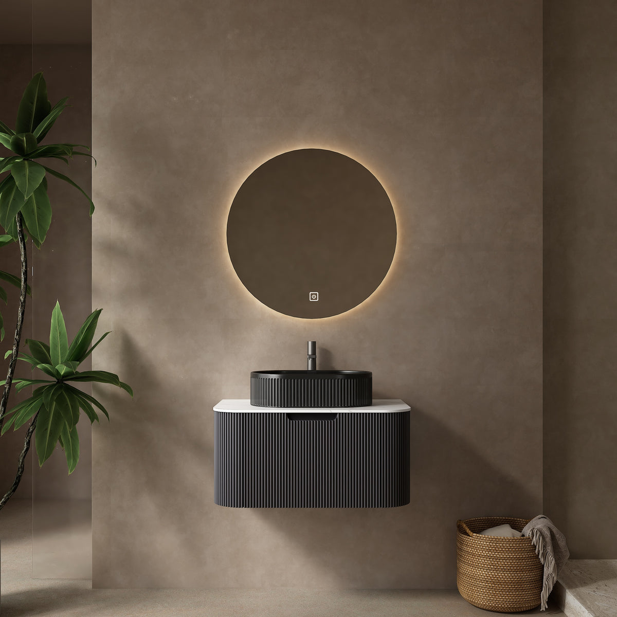 DINA 30" Bathroom Vanity with Sink, Modern Wall-Mounted Floating Curved Edges Striped Bathroom Storage Cabinet with a Drawer, Black Ceramic Vessel Basin without Faucet, Pre-assembled, Black Color