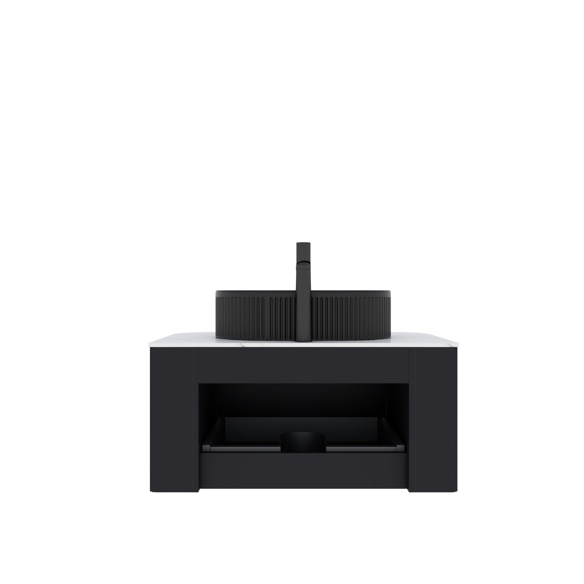 DINA 30" Bathroom Vanity with Sink, Modern Wall-Mounted Floating Curved Edges Striped Bathroom Storage Cabinet with a Drawer, Black Ceramic Vessel Basin without Faucet, Pre-assembled, Black Color