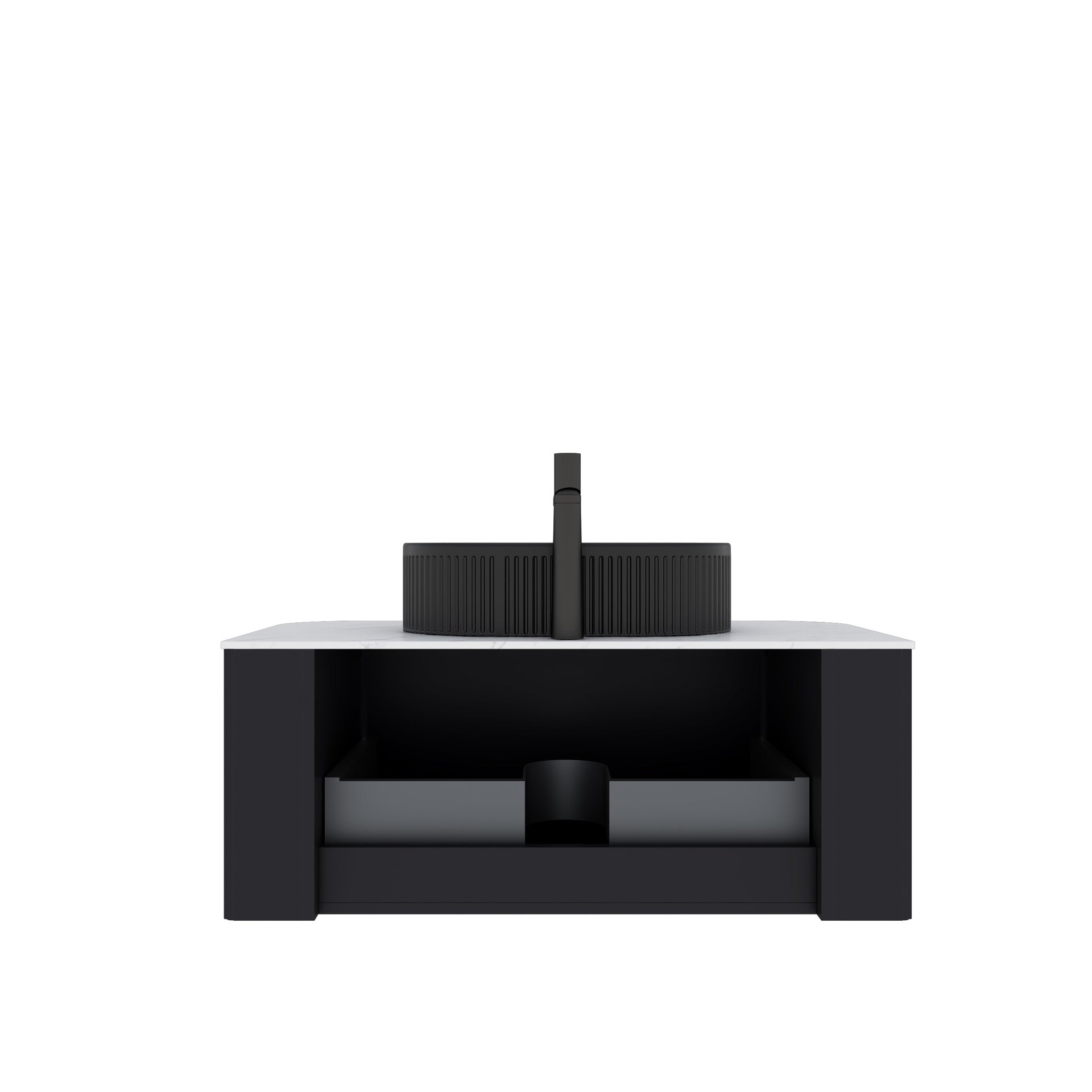 DINA 36" Bathroom Vanity with Sink, Modern Wall-Mounted Floating Curved Edges Striped Bathroom Storage Cabinet with a Drawer, Black Ceramic Vessel Basin without Faucet, Pre-assembled, Black Color