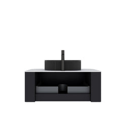 DINA 36" Bathroom Vanity with Sink, Modern Wall-Mounted Floating Curved Edges Striped Bathroom Storage Cabinet with a Drawer, Black Ceramic Vessel Basin without Faucet, Pre-assembled, Black Color