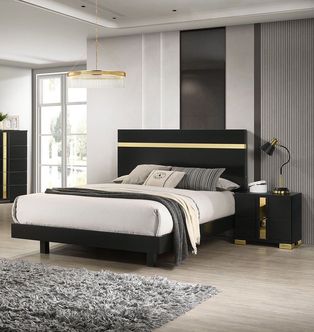 Modern Black 3pc Bedroom Set Full Size Bed w LED 2x Nightstands Mattress Ready Furniture Acrylic Trim